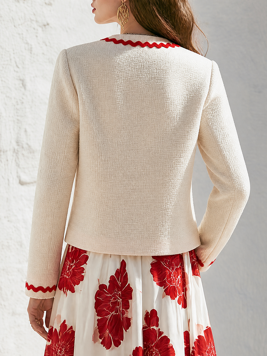 Ivory Textured Tweed Contrast Red Wavy Ric-Rac Trim V-Neck Gold Button Cropped Long Sleeve Retro French Chic Jacket
