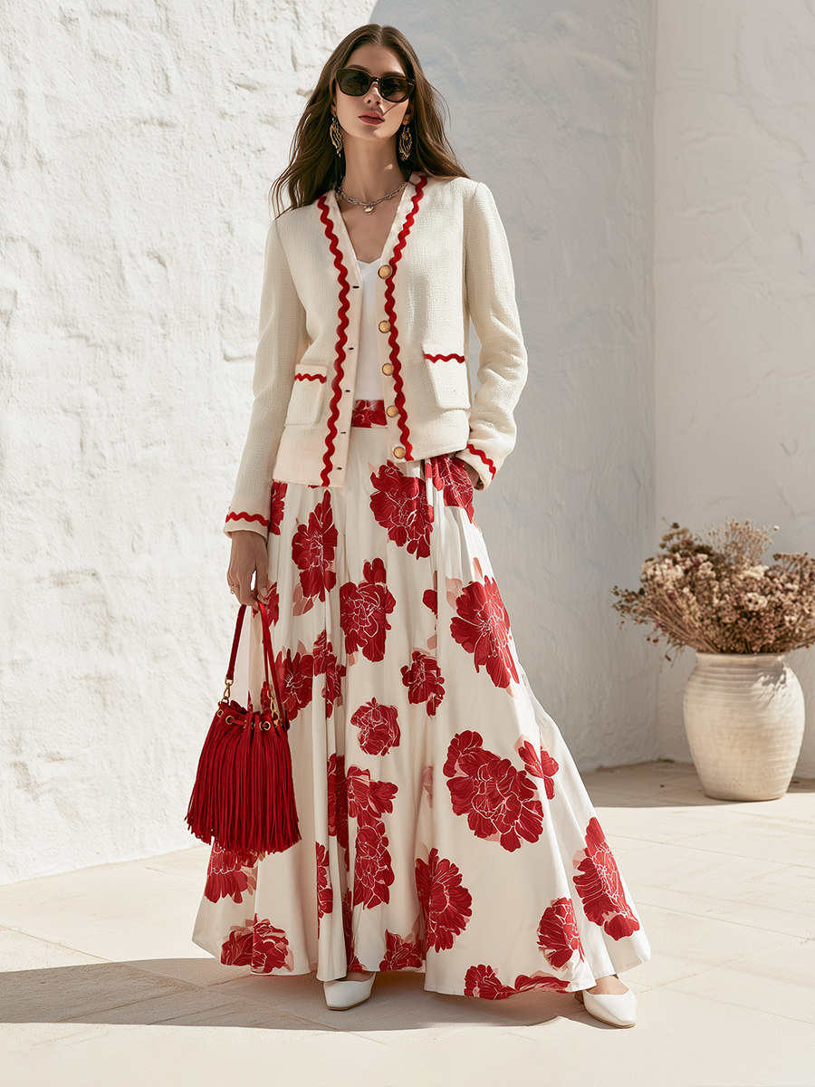 Ivory Red Peony Floral Print High Waist Button Front A-Line Flowy Pleated Swing Maxi Retro French Vacation Half Skirt