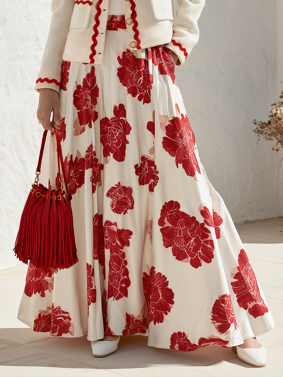 Ivory Red Peony Floral Print High Waist Button Front A-Line Flowy Pleated Swing Maxi Retro French Vacation Half Skirt