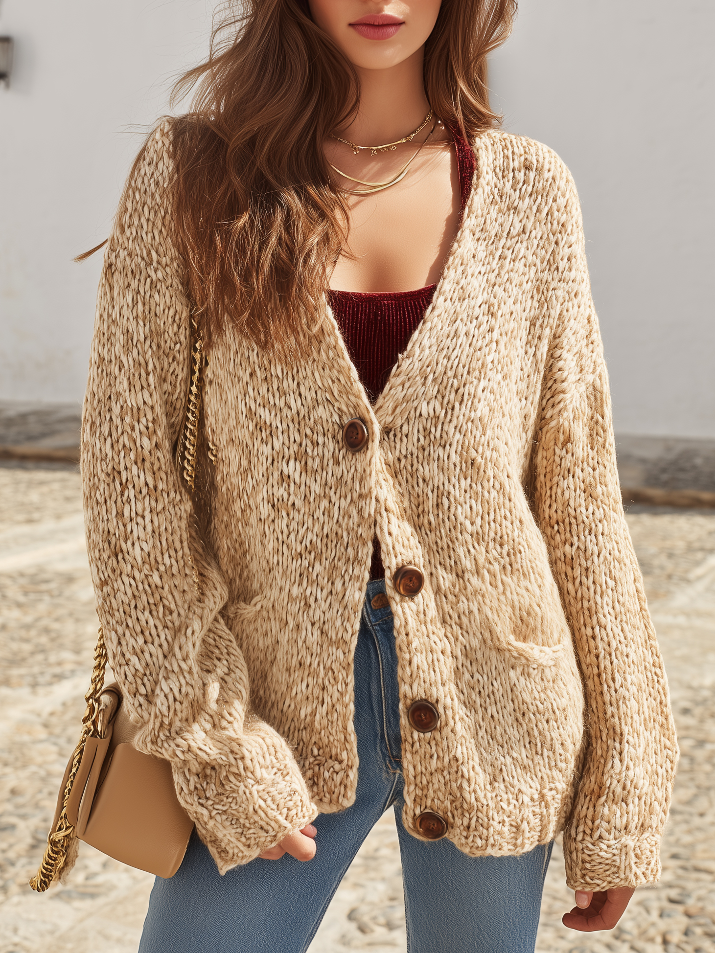 Old Money Boho Beige Marled Chunky Knit V Neck Cardigan