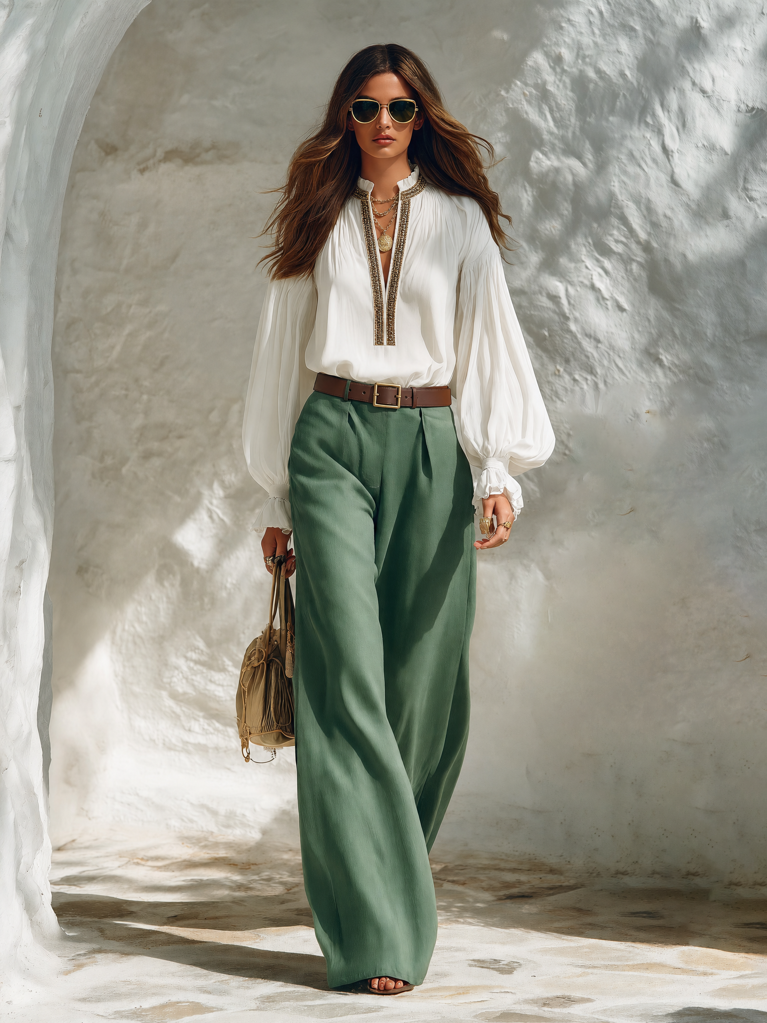 Resort-style V-neck Lantern-sleeve Top And Trousers Set