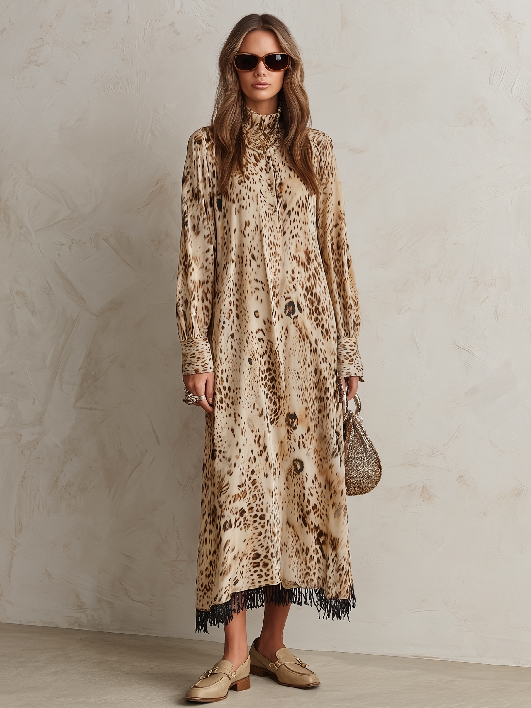 Desert Wander Beige Leopard Print Fringe Hem Midi Dress