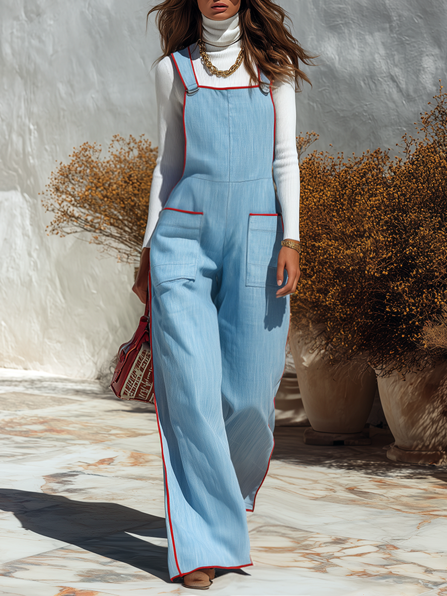 Vacation-style Square-neck Color-block Overalls