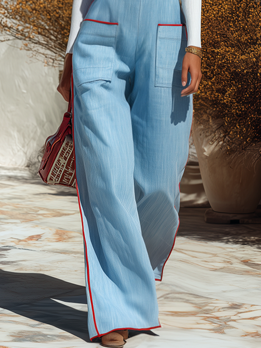 Vacation-style Square-neck Color-block Overalls