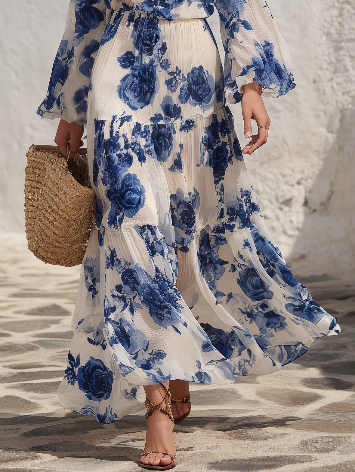 Elegant Off-Shoulder Floral Print Chiffon Maxi Dress