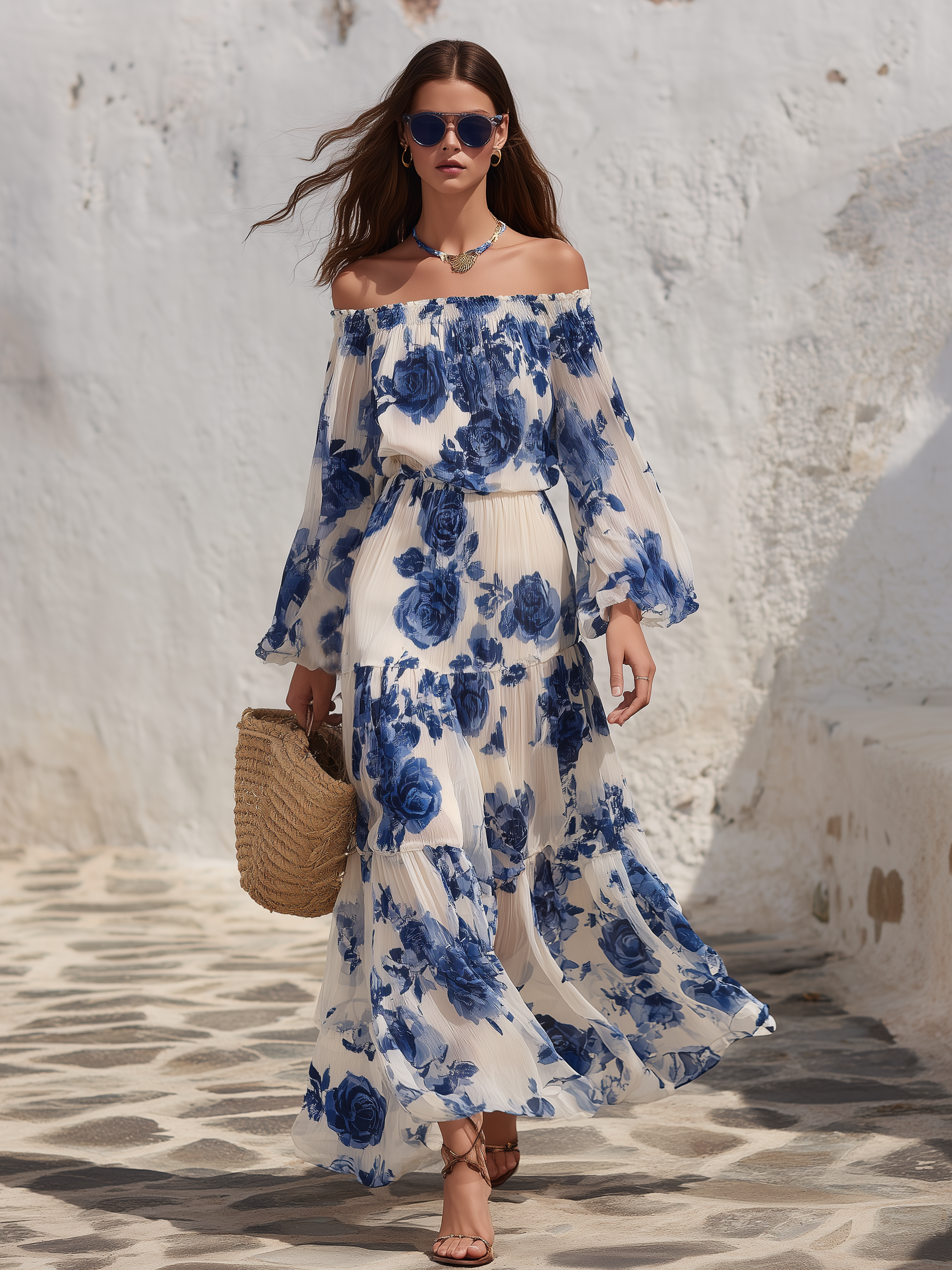 Elegant Off-Shoulder Floral Print Chiffon Maxi Dress