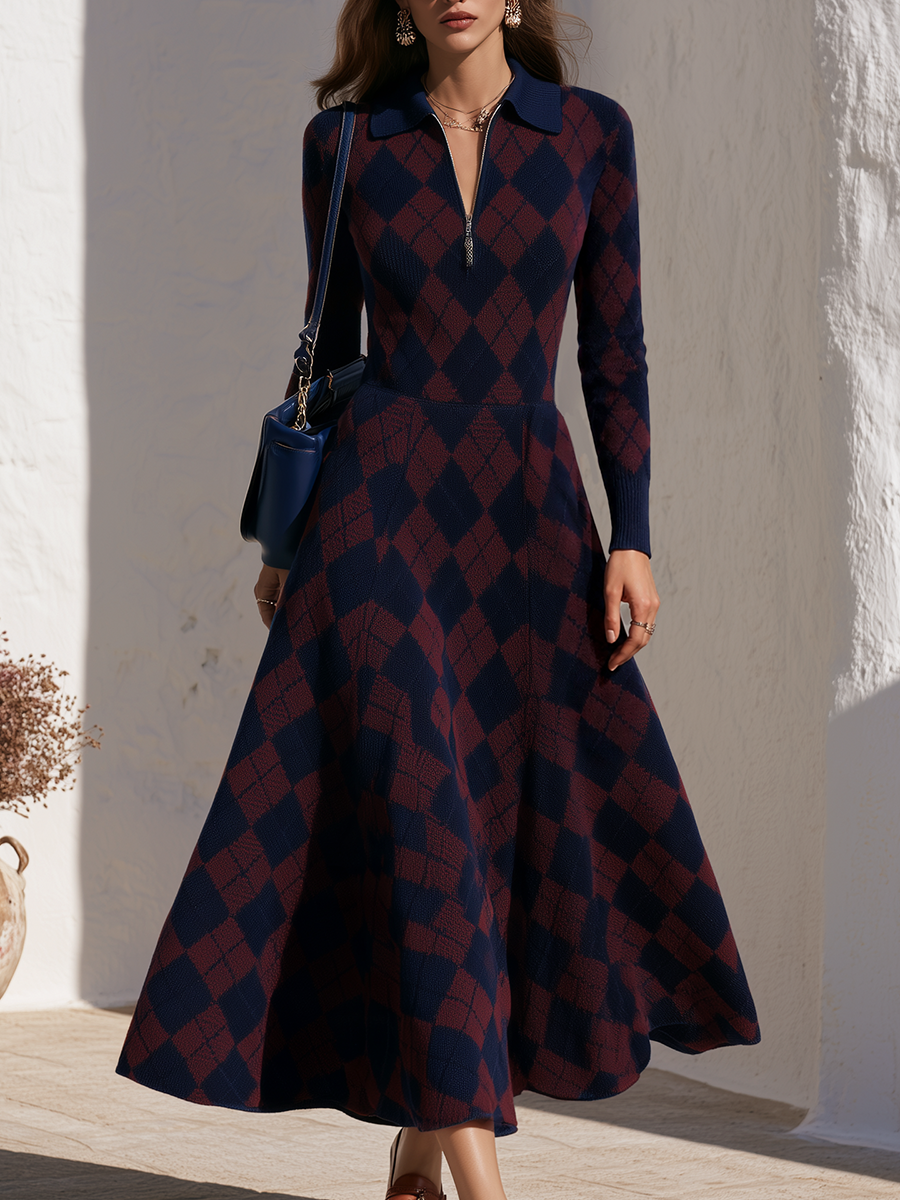 Argyle Jacquard Knit Navy Burgundy Polo Collar Quarter Zip Long Sleeve Fitted Waist Flared Swing Hem Midi Dress