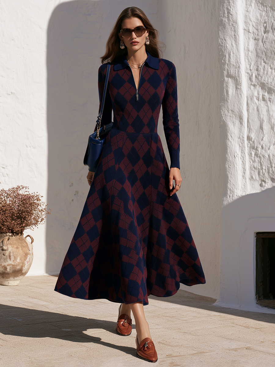 Argyle Jacquard Knit Navy Burgundy Polo Collar Quarter Zip Long Sleeve Fitted Waist Flared Swing Hem Midi Dress