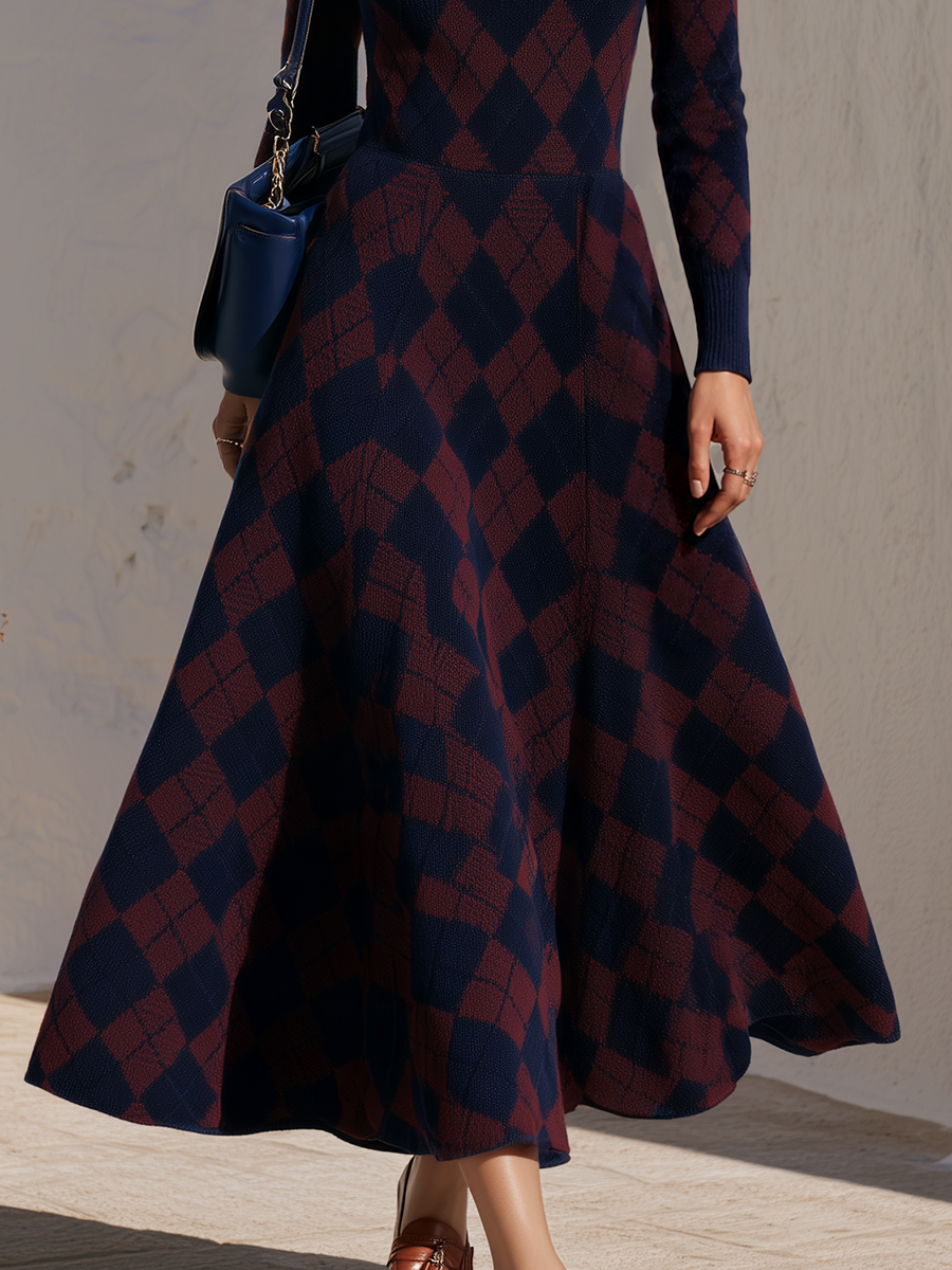 Argyle Jacquard Knit Navy Burgundy Polo Collar Quarter Zip Long Sleeve Fitted Waist Flared Swing Hem Midi Dress