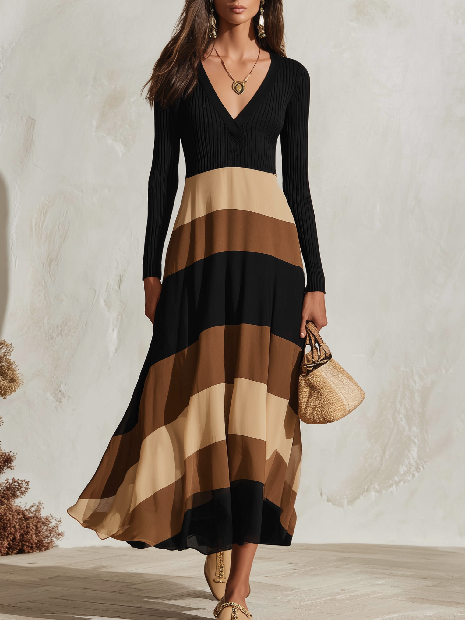 Bohemian Multi Brown Stripe Ribbed Knit Chiffon Maxi Dress
