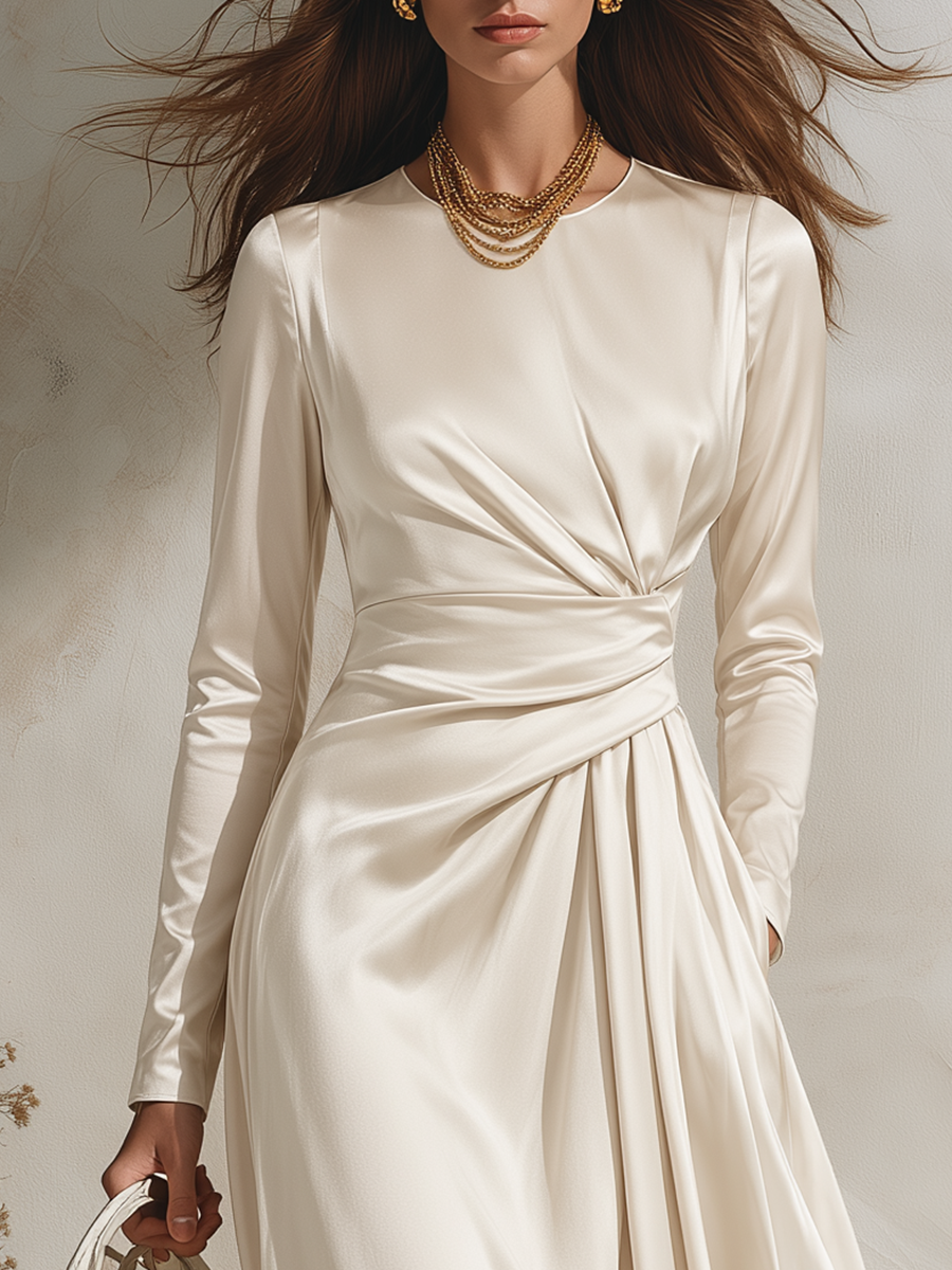 Resort-style Round Neck Long-sleeved Pleated Solid Color Midi Dress
