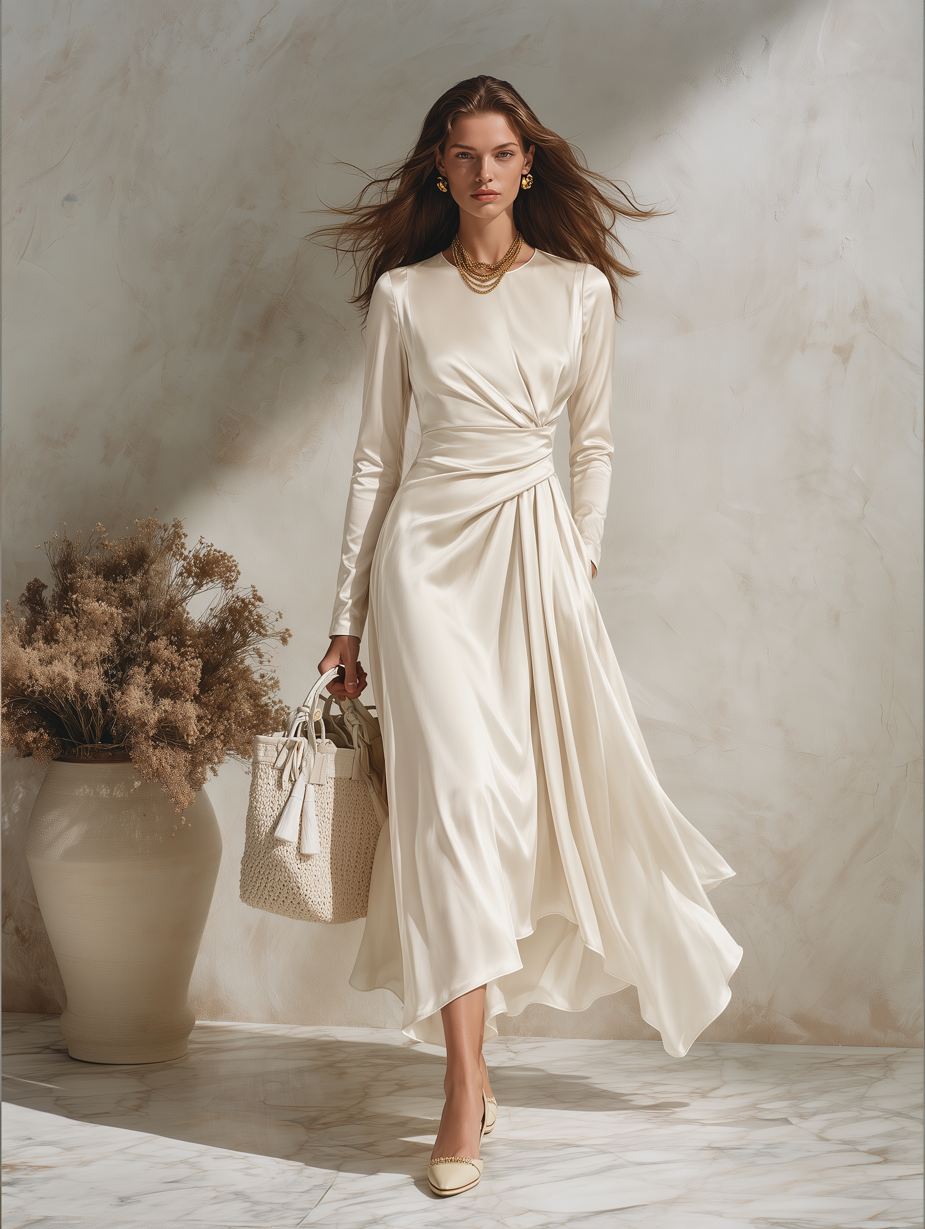 Resort-style Round Neck Long-sleeved Pleated Solid Color Midi Dress