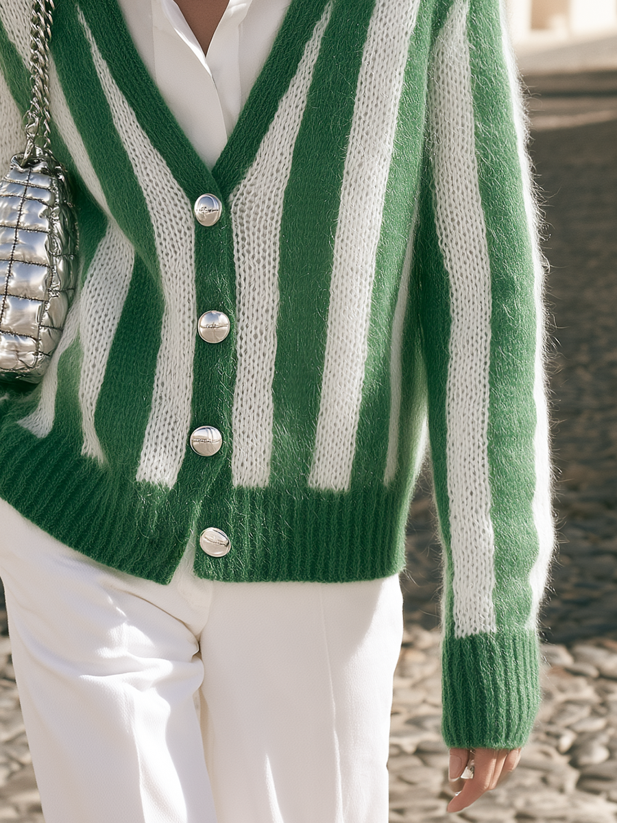 Chic Vacation-style Green And White Striped Mohair Cardigan