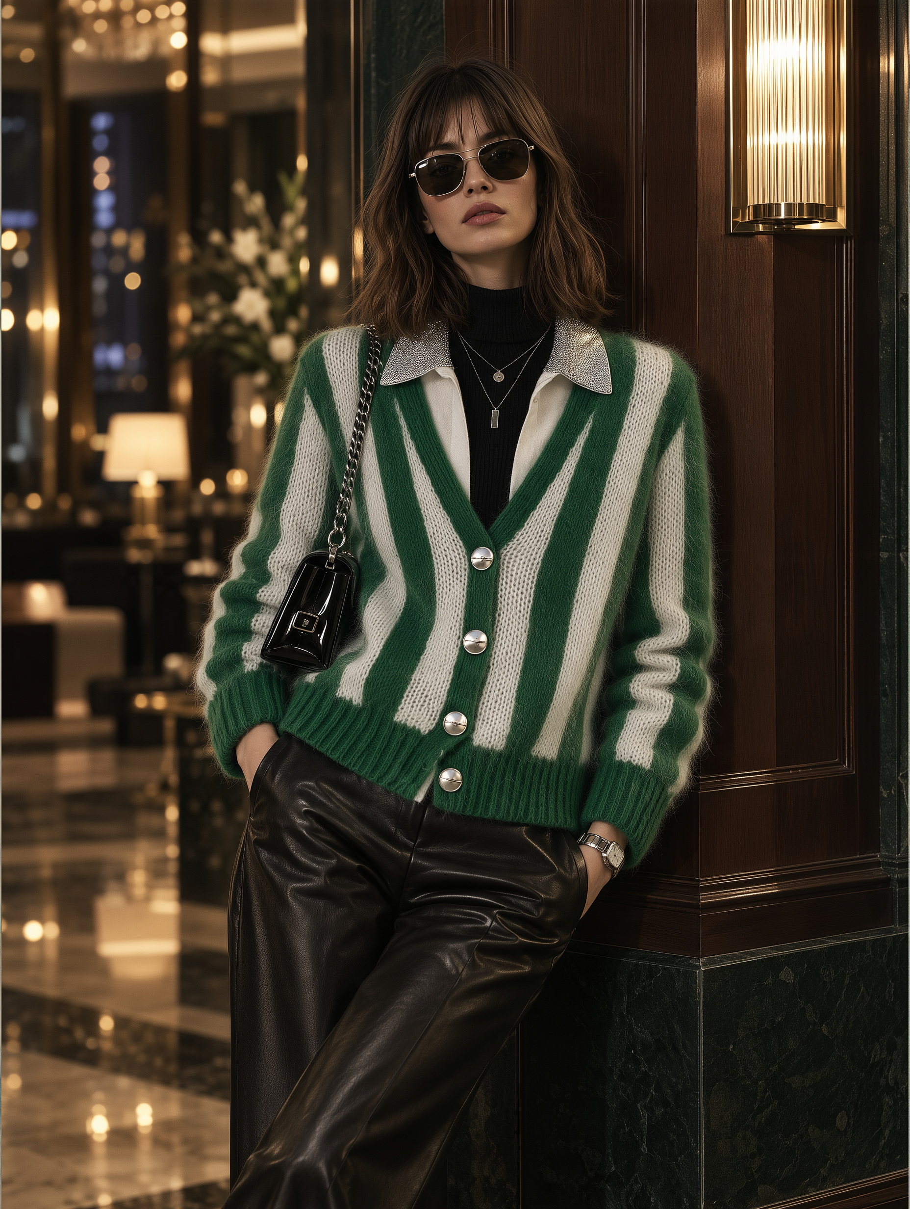 Chic Vacation-style Green And White Striped Mohair Cardigan