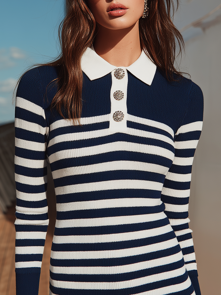 Retro Classic Nautical Striped Long Sleeve Sweater Dress