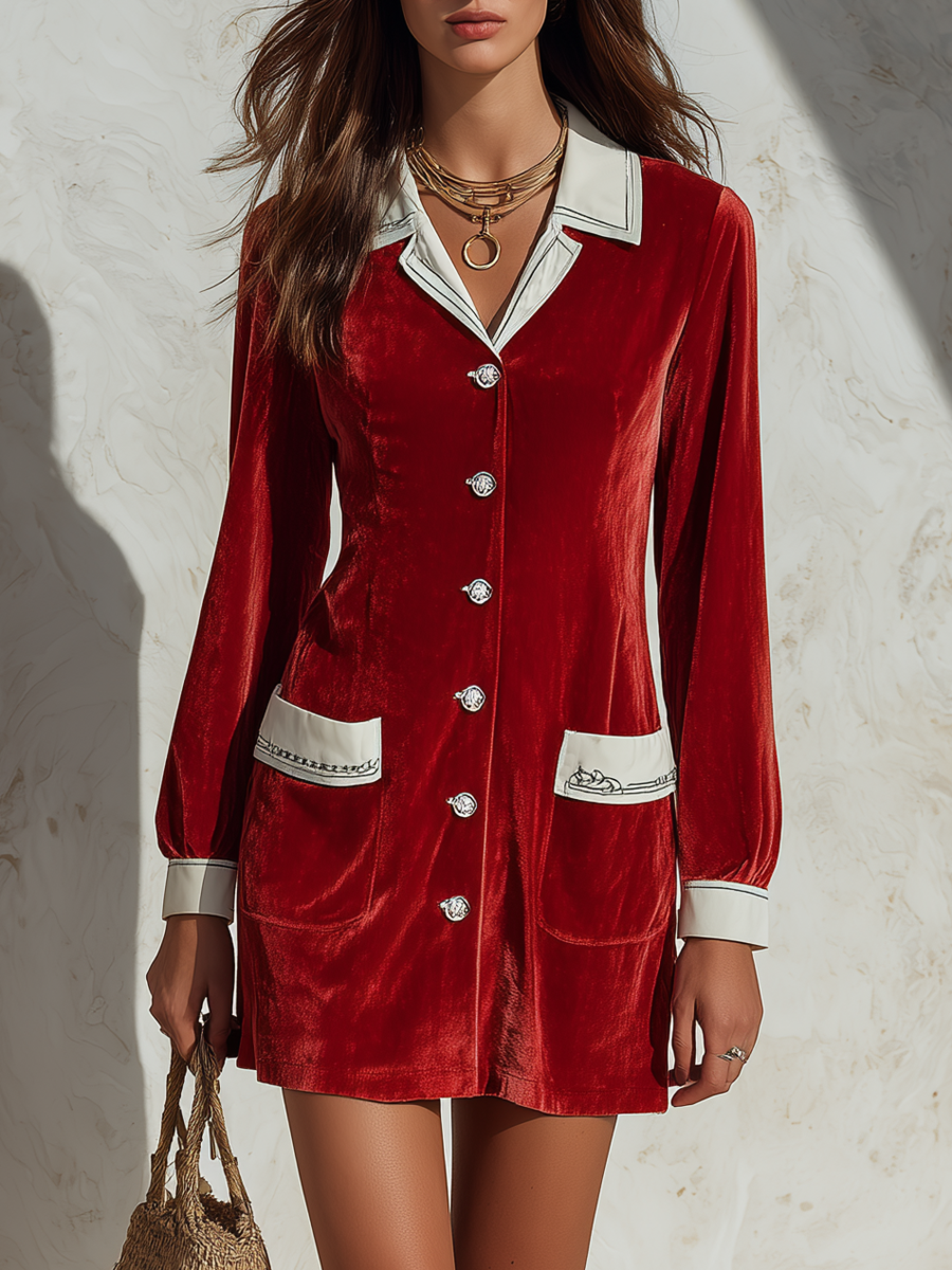 Resort-style Collared Long-sleeve Embroidered Velvet Mini Dress