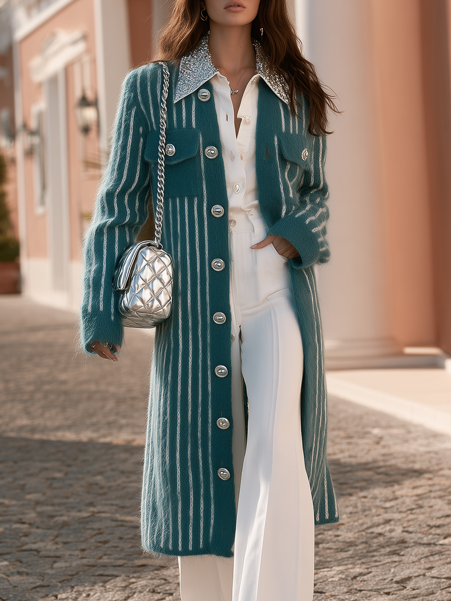 High-end Green Vertical-striped Mohair Midi Cardigan