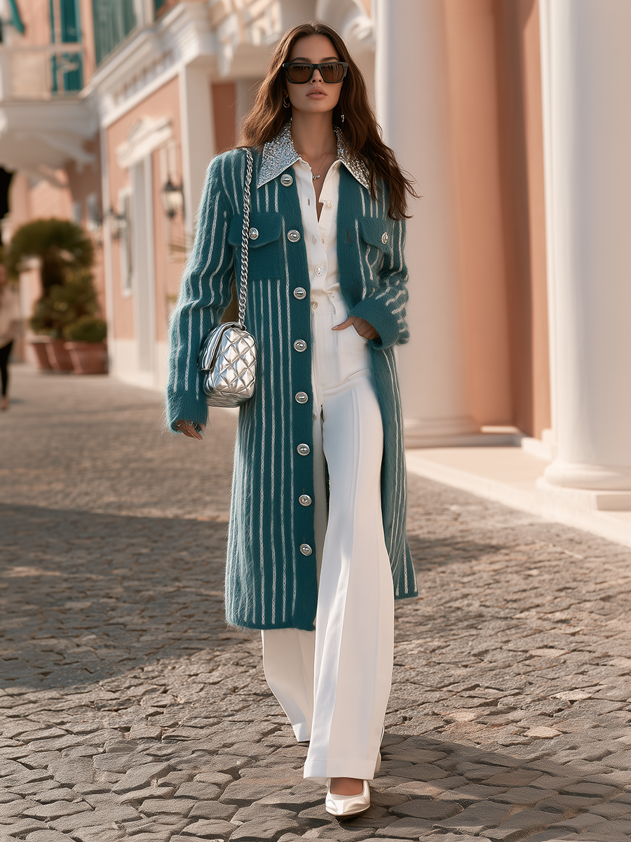 High-end Green Vertical-striped Mohair Midi Cardigan