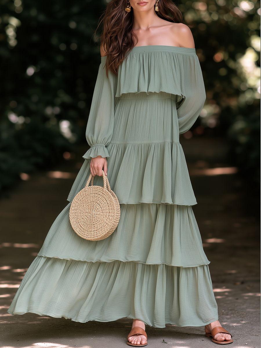 Romantic Bohemian Off-the-Shoulder Sage Green Chiffon Tiered Maxi Dress