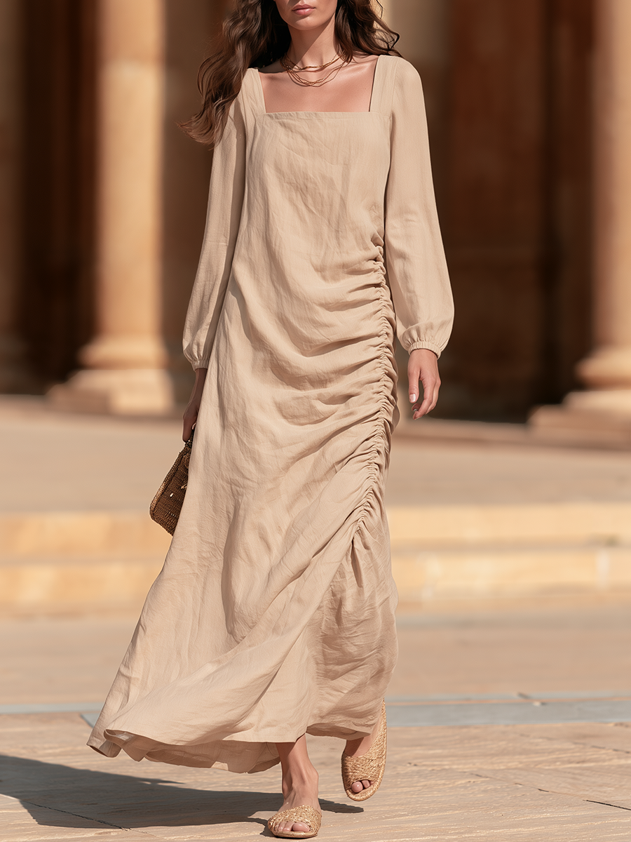 Casual Old Money Side Pleats Beige Cotton-Linen Maxi Dress