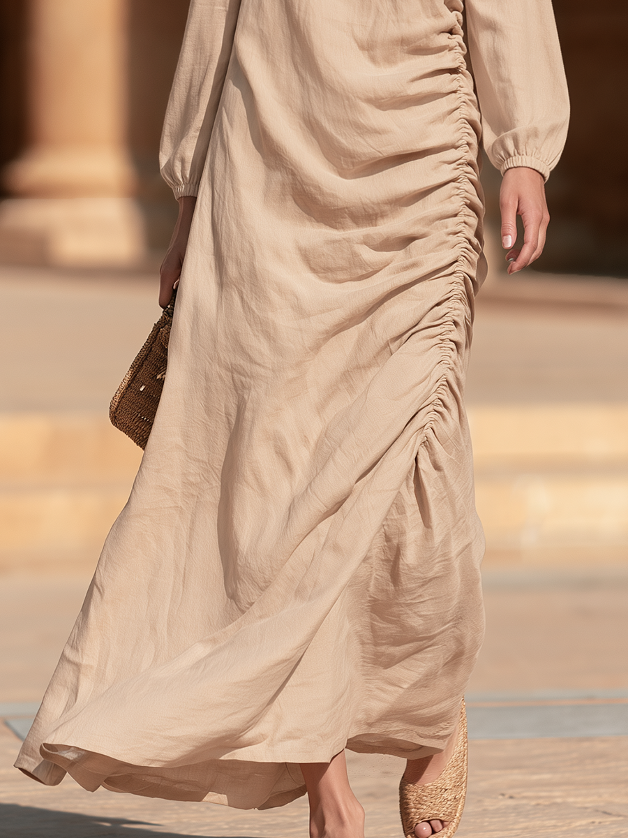 Casual Old Money Side Pleats Beige Cotton-Linen Maxi Dress