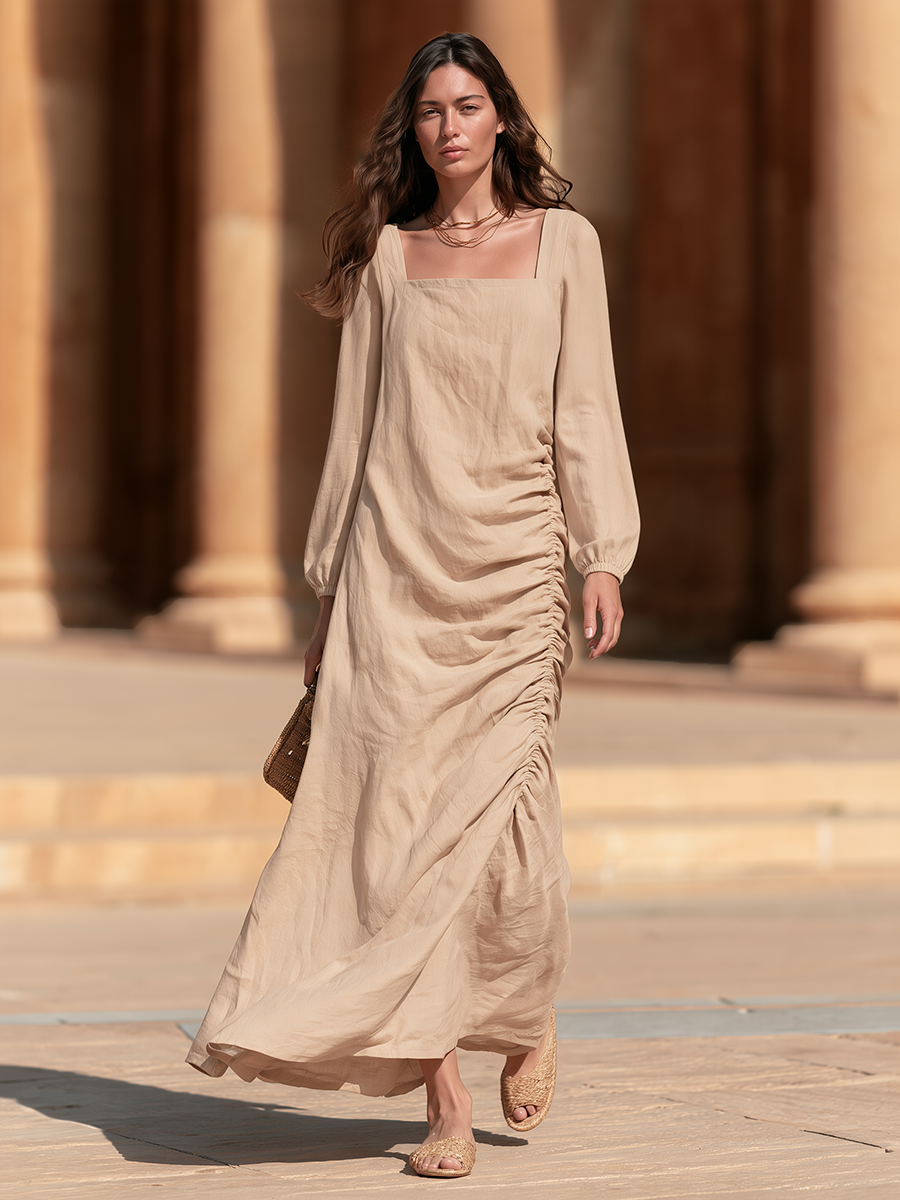 Casual Old Money Side Pleats Beige Cotton-Linen Maxi Dress