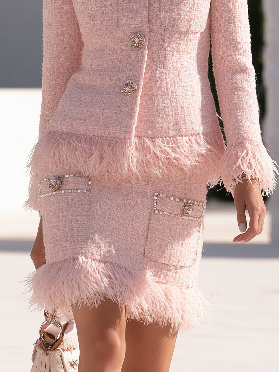 Elegant And Chic Faux Fur Trim Pink Tweed Jacket And Mini Skirt Set