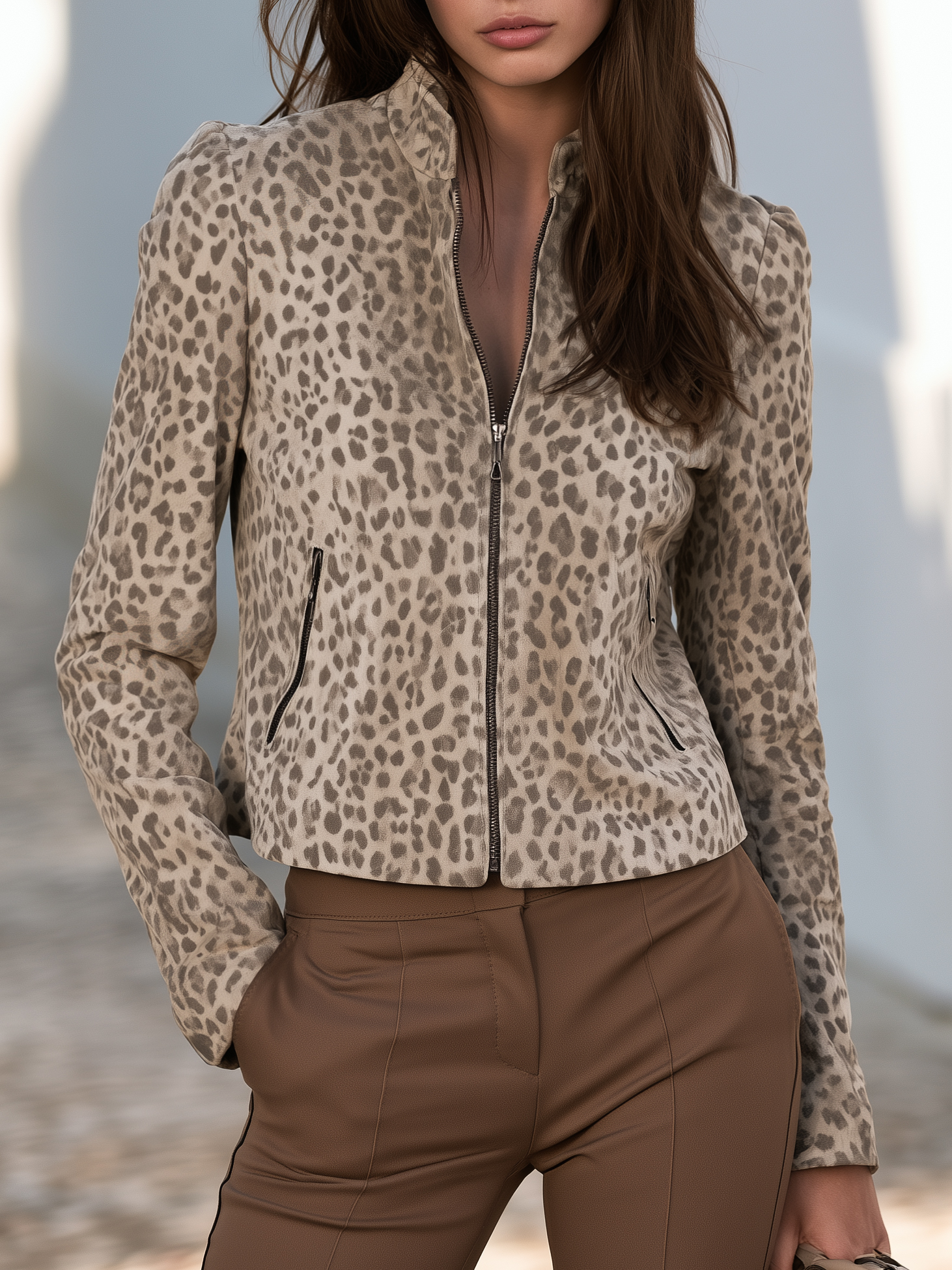 Modern Street Vibe Neutral Leopard Print Cropped Zip Up Jacket
