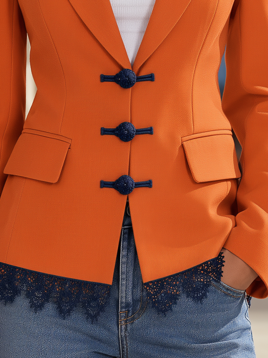 Resort-style Color-blocked Lace-trimmed Long-sleeved Blazer