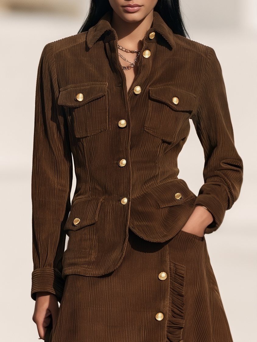 Safari Utility Chic Chocolate Brown Corduroy Gold Button Pocket Jacket And Ruffle Trim A Line Mini Skirt Set