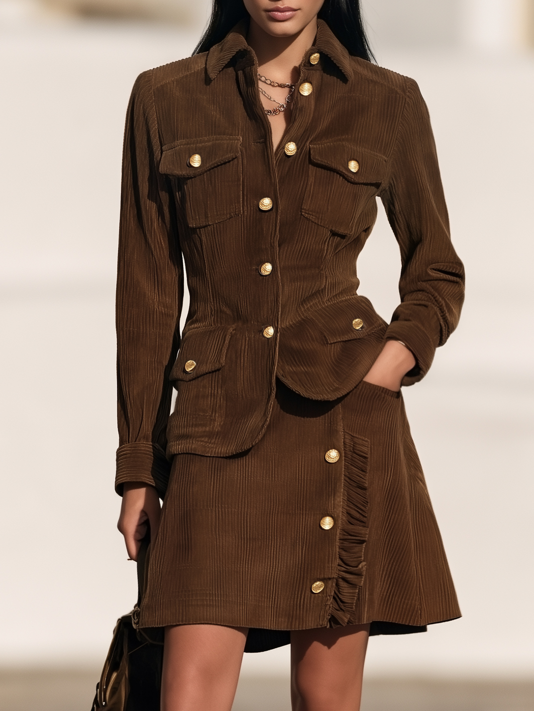 Safari Utility Chic Chocolate Brown Corduroy Gold Button Pocket Jacket And Ruffle Trim A Line Mini Skirt Set