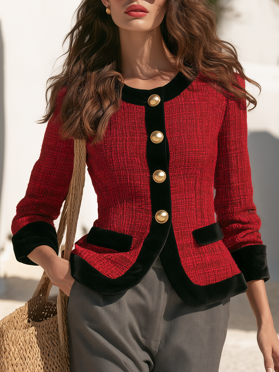 Retro-chic Black Velvet Trim Red Tweed Jacket