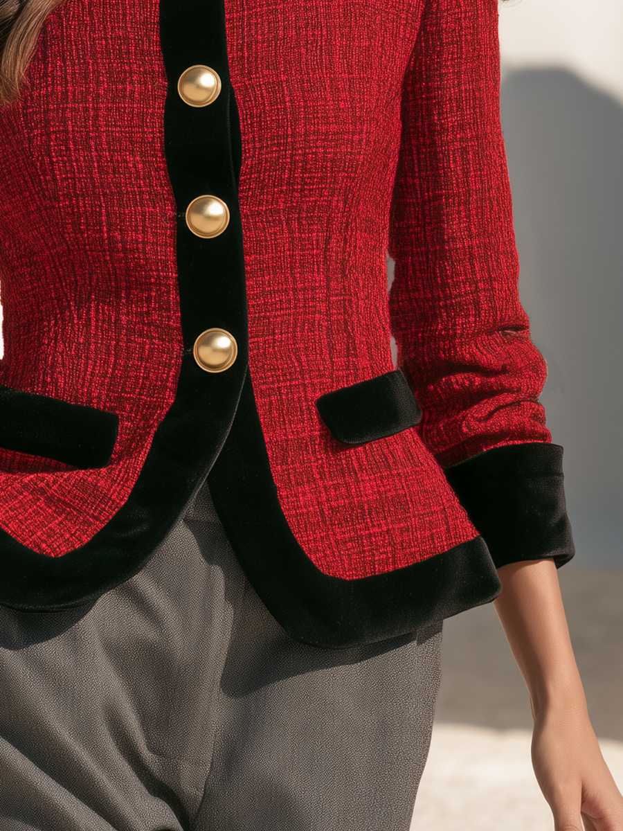 Retro-chic Black Velvet Trim Red Tweed Jacket