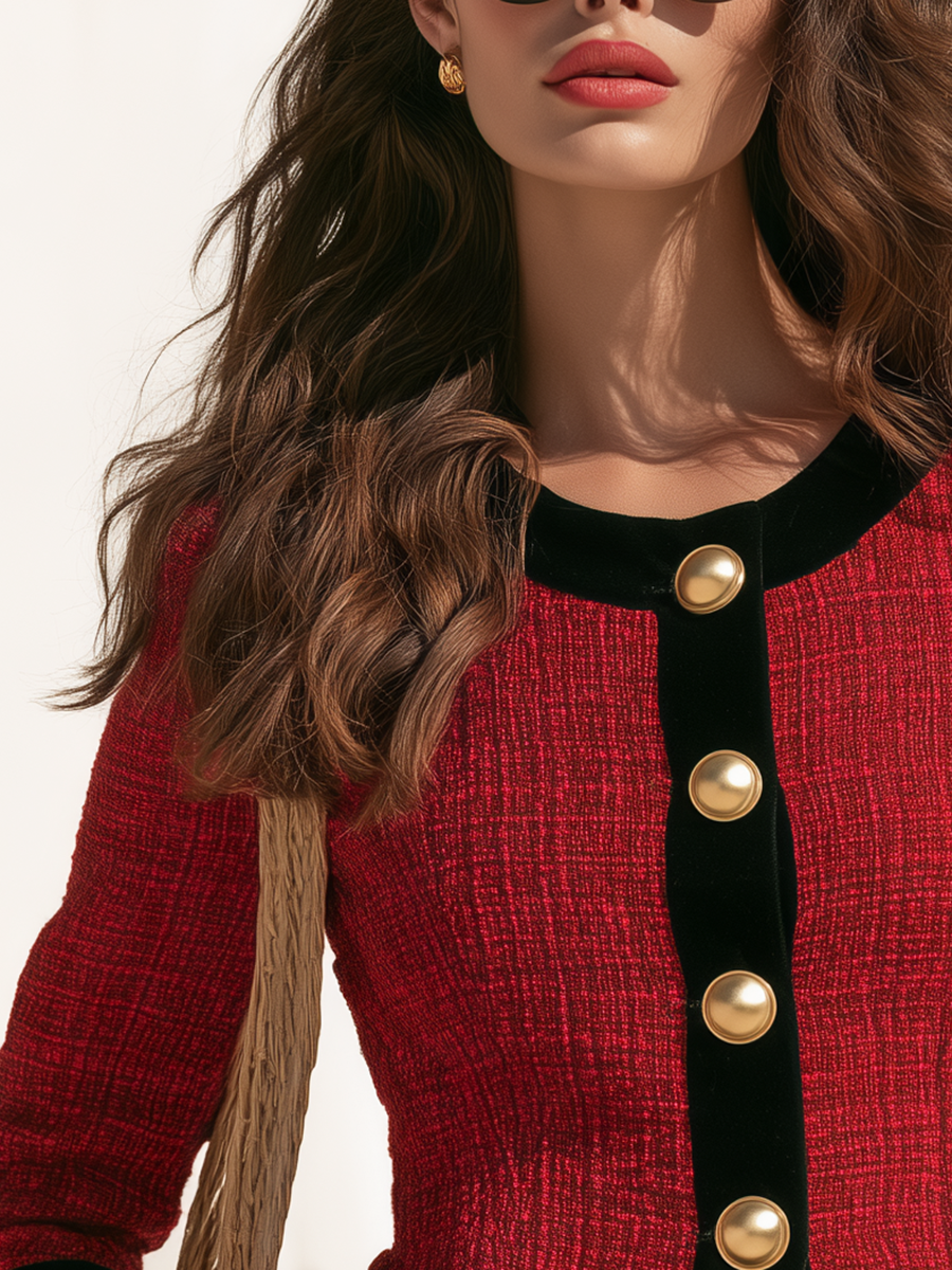 Retro-chic Black Velvet Trim Red Tweed Jacket