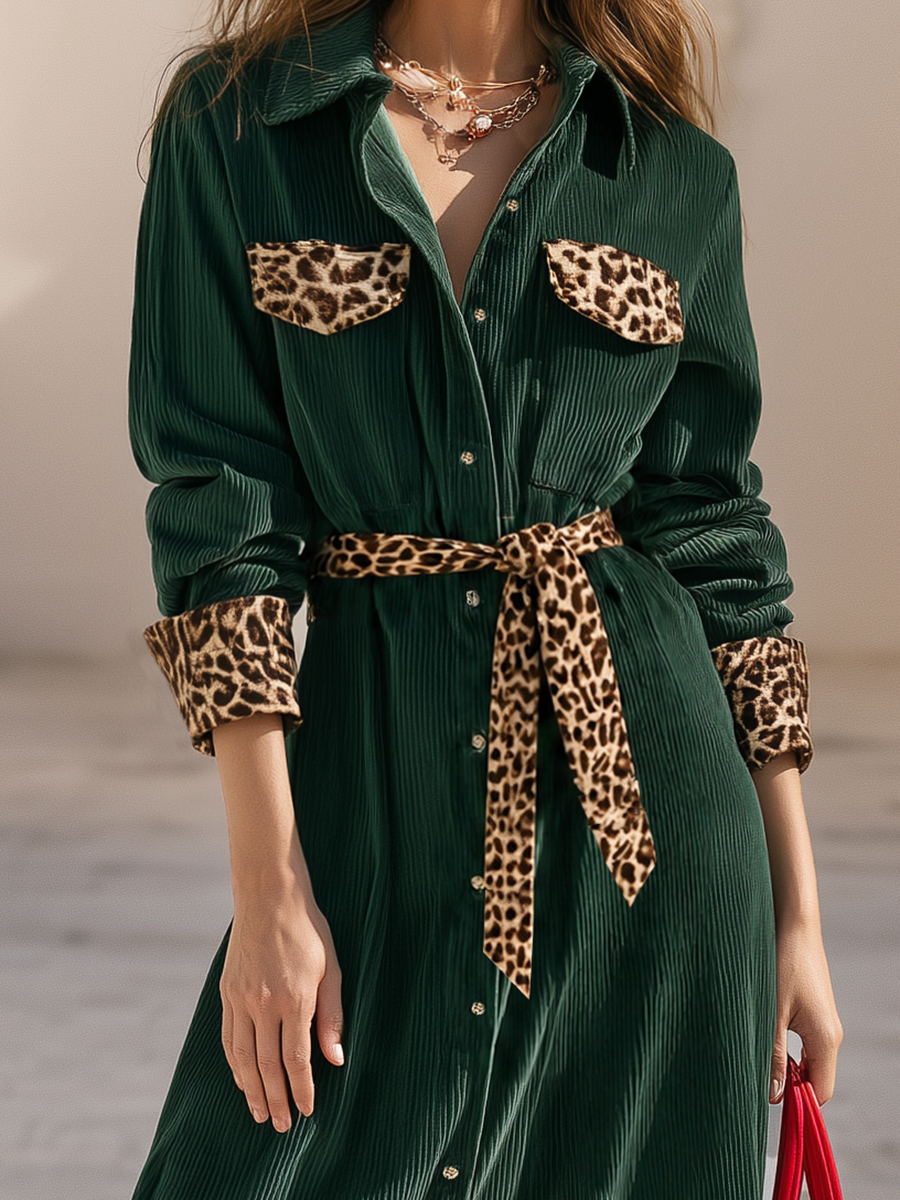 Leopard-Trim Patch Pocket Corduroy Button-Down Belted Collared Long-Sleeve Shirt Dress Midi Dress