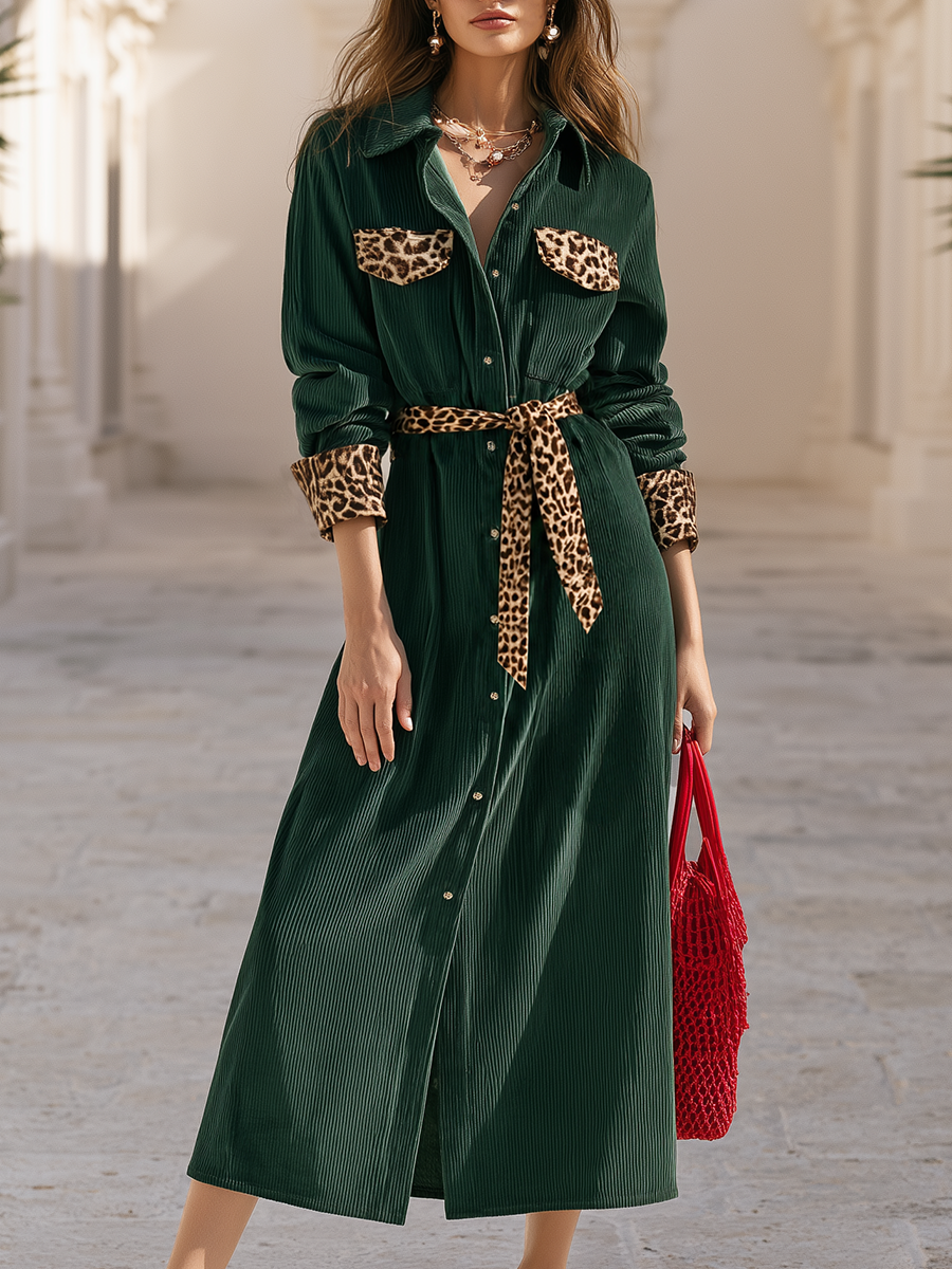 Leopard-Trim Patch Pocket Corduroy Button-Down Belted Collared Long-Sleeve Shirt Dress Midi Dress