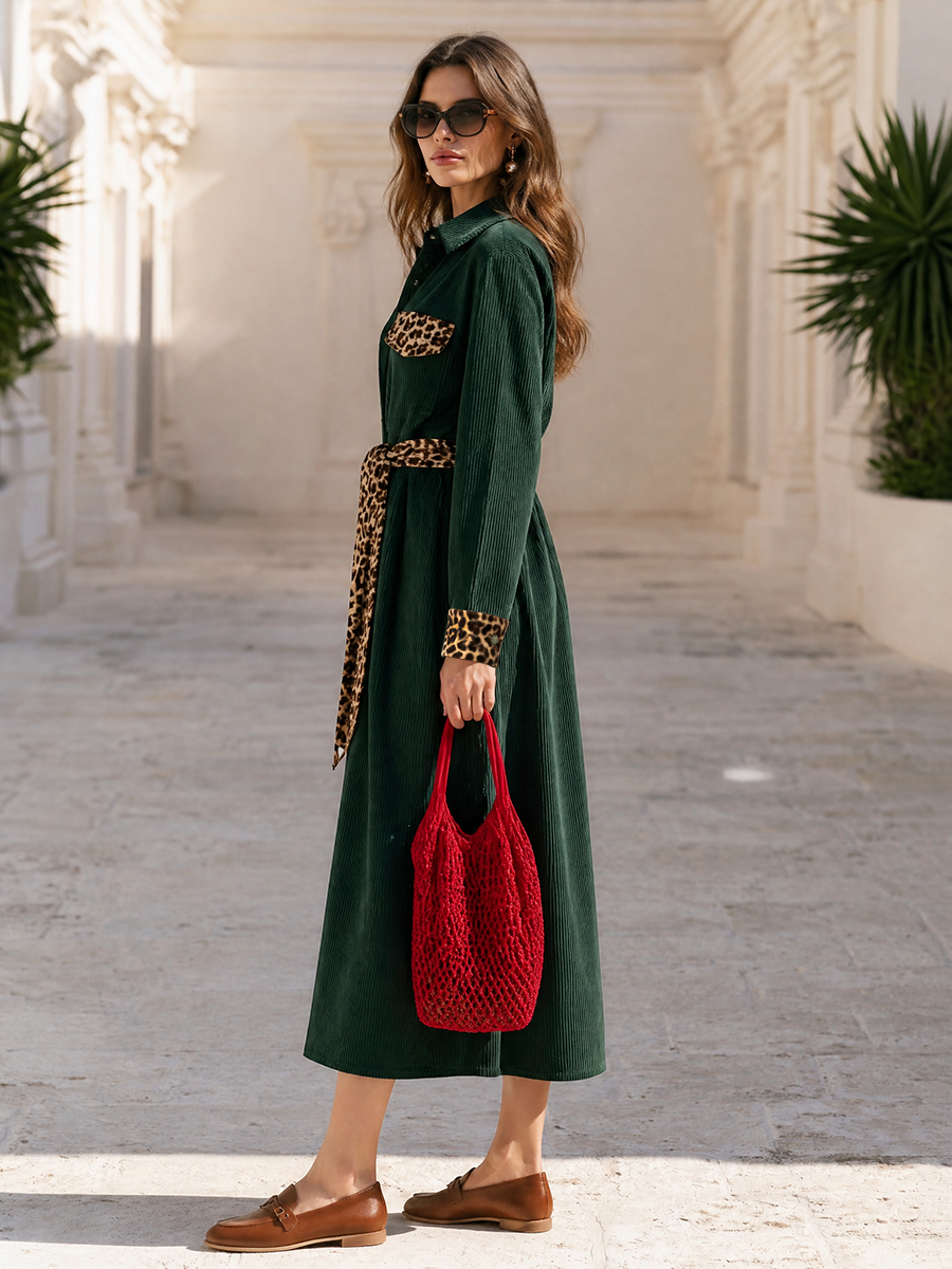 Leopard-Trim Patch Pocket Corduroy Button-Down Belted Collared Long-Sleeve Shirt Dress Midi Dress