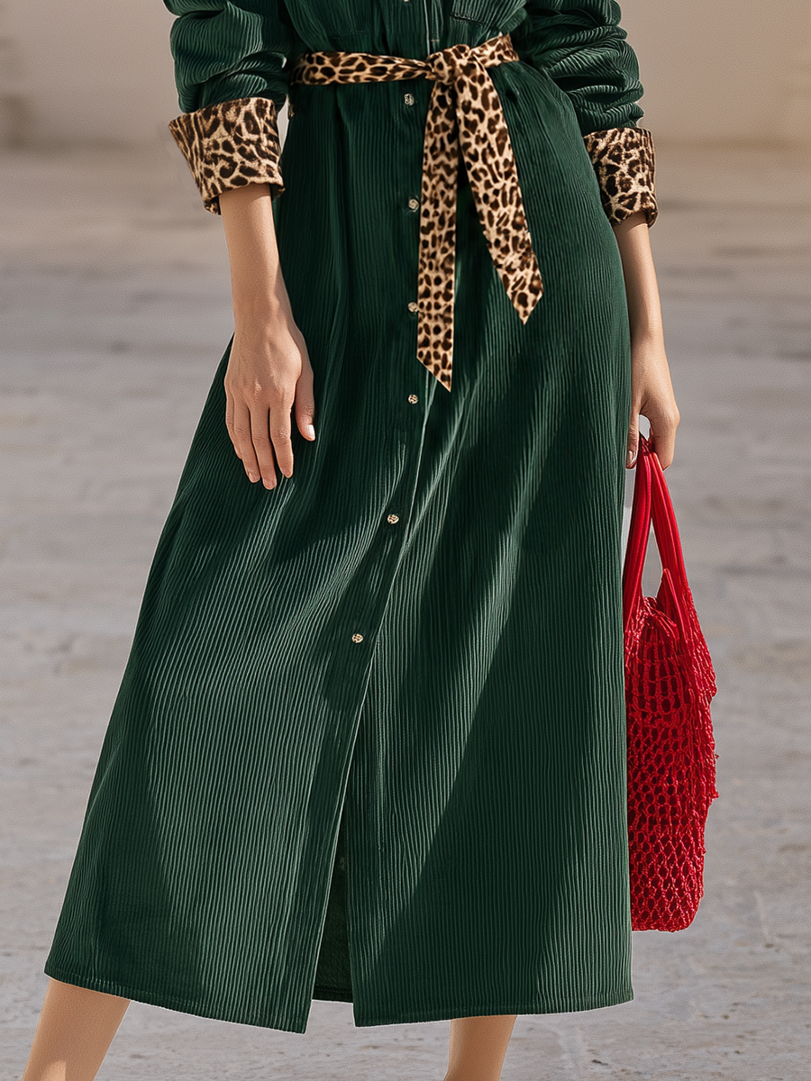 Leopard-Trim Patch Pocket Corduroy Button-Down Belted Collared Long-Sleeve Shirt Dress Midi Dress