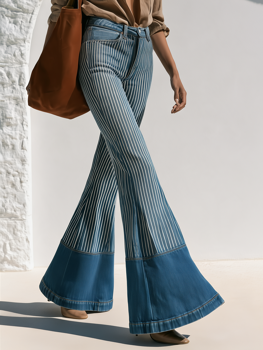Stylish Retro Blue Striped Denim Flare Pants