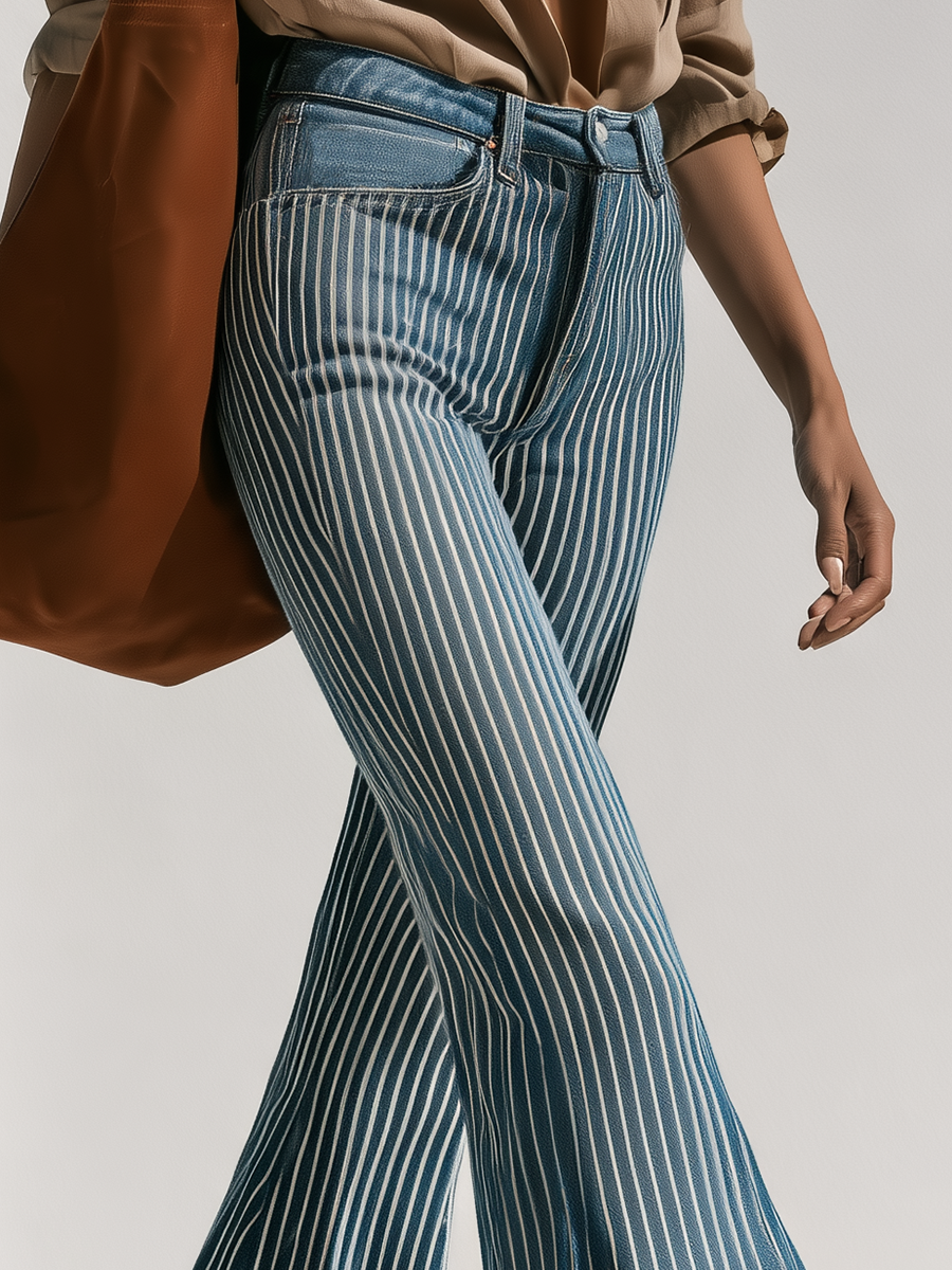 Stylish Retro Blue Striped Denim Flare Pants