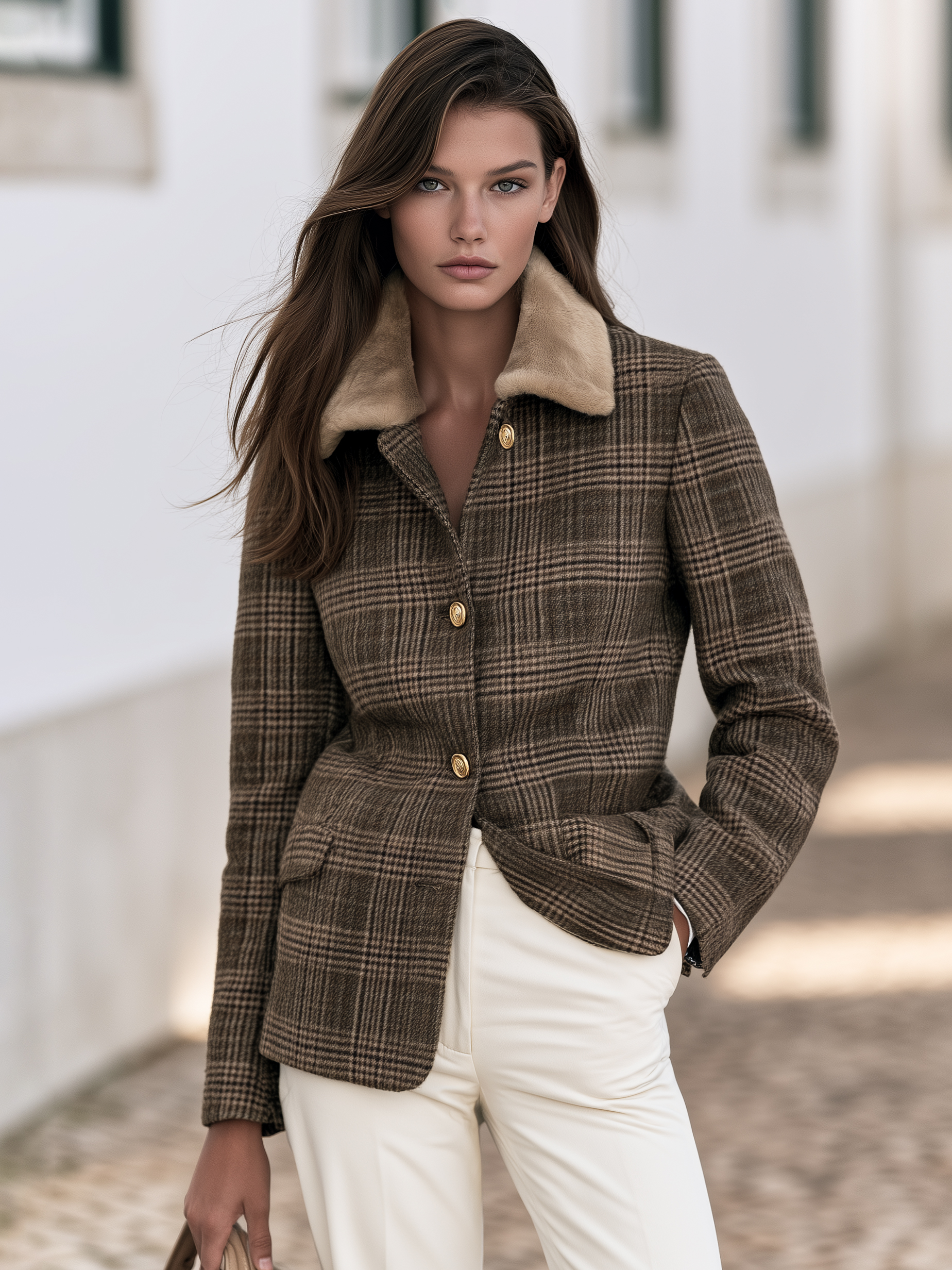 Old Money Style Brown Plaid Faux Fur Collar Tailored Woolen Jacket