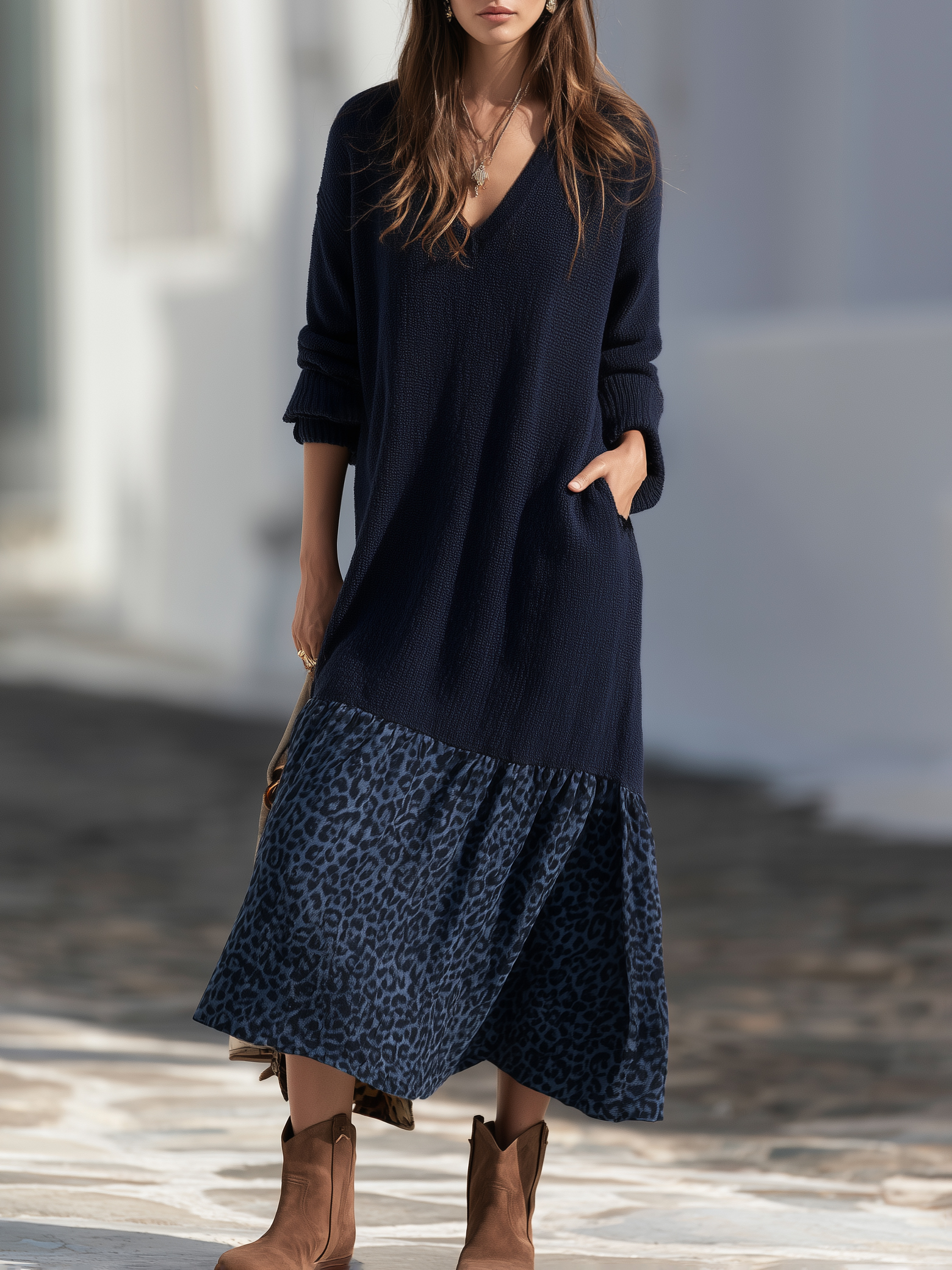 Boho Resort Navy V Neck Knit Leopard Print Patchwork Tiered Midi Dress