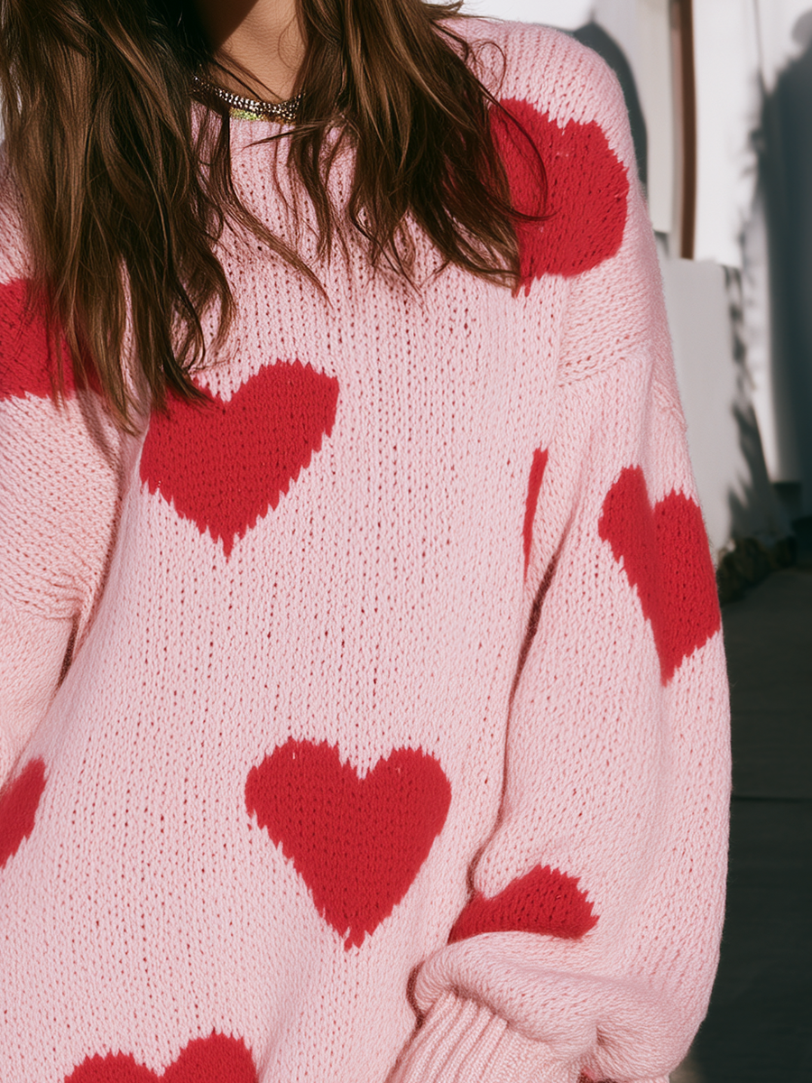 Red Heart Intarsia Drop Shoulder Ribbed Trim Chunky Knit Oversized Sweater Dress Mini Dress