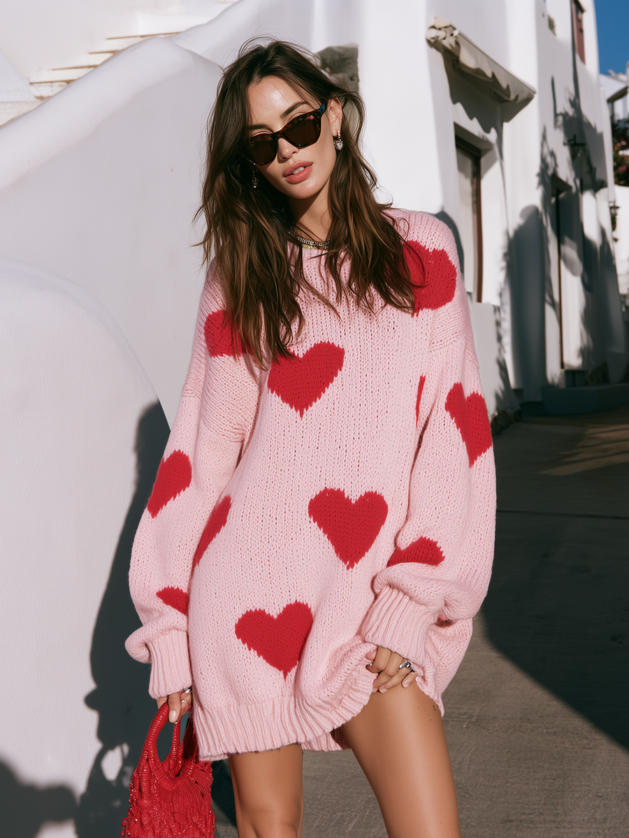 Red Heart Intarsia Drop Shoulder Ribbed Trim Chunky Knit Oversized Sweater Dress Mini Dress