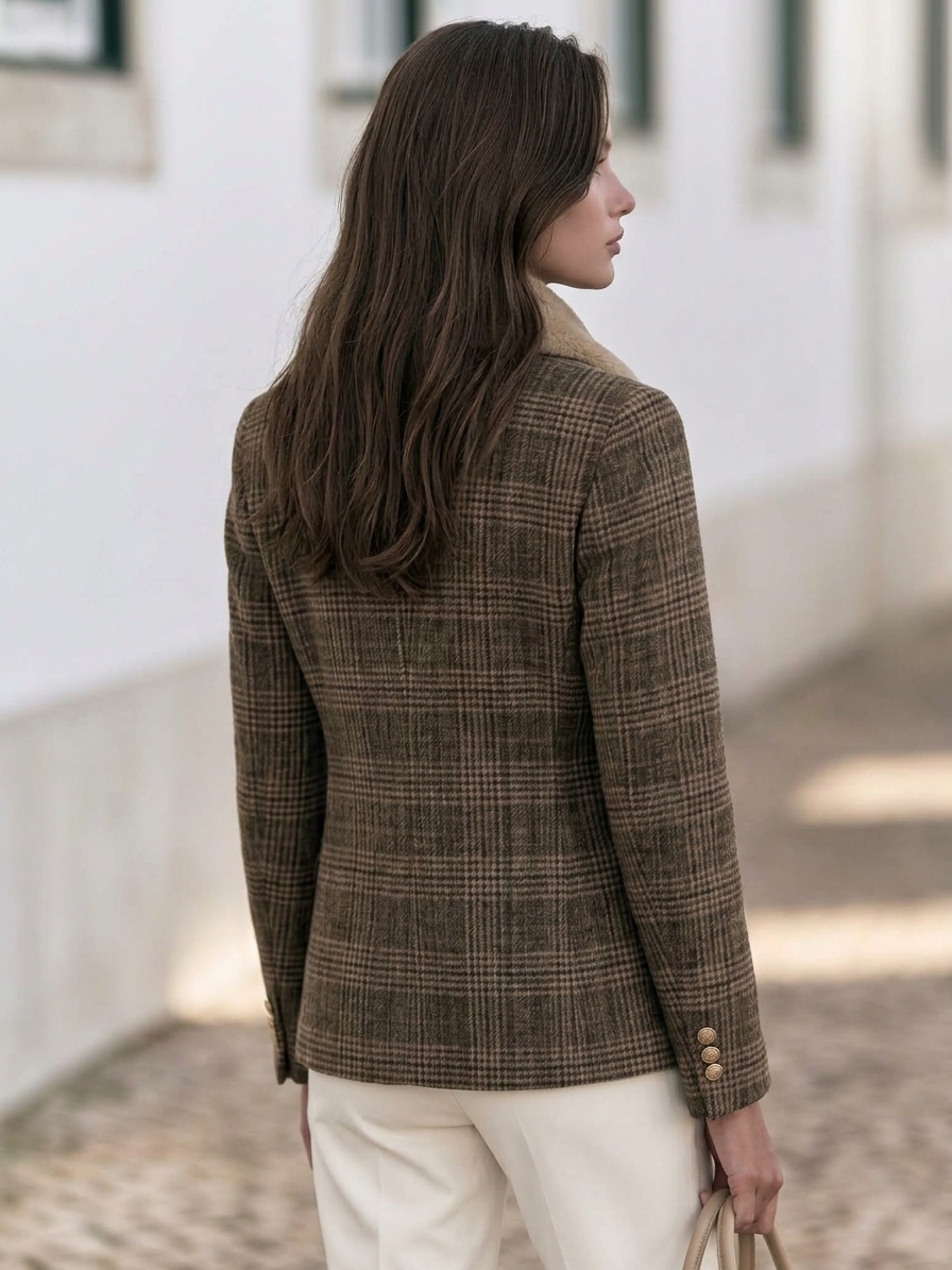 Old Money Style Brown Plaid Faux Fur Collar Tailored Woolen Jacket