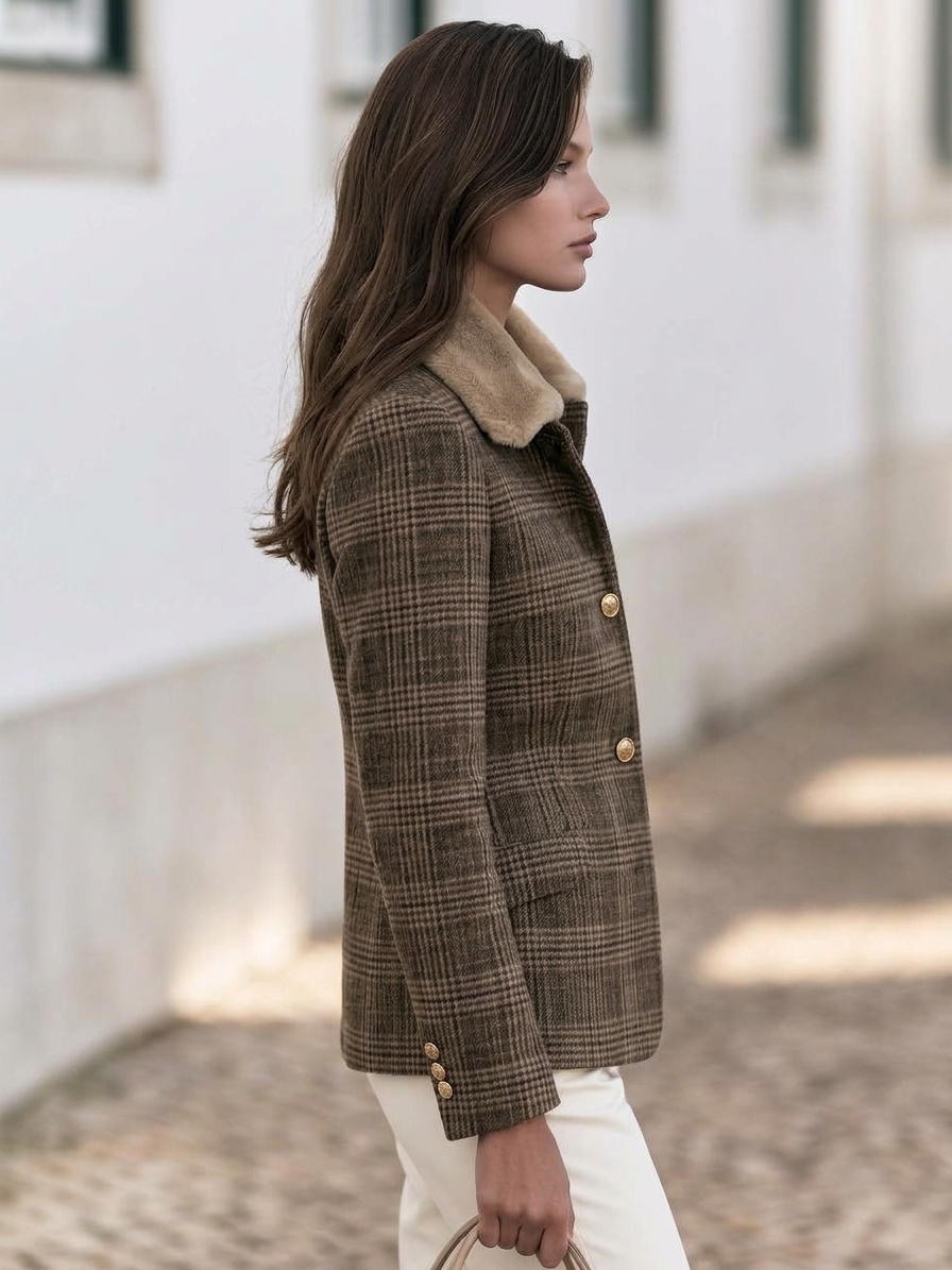 Old Money Style Brown Plaid Faux Fur Collar Tailored Woolen Jacket