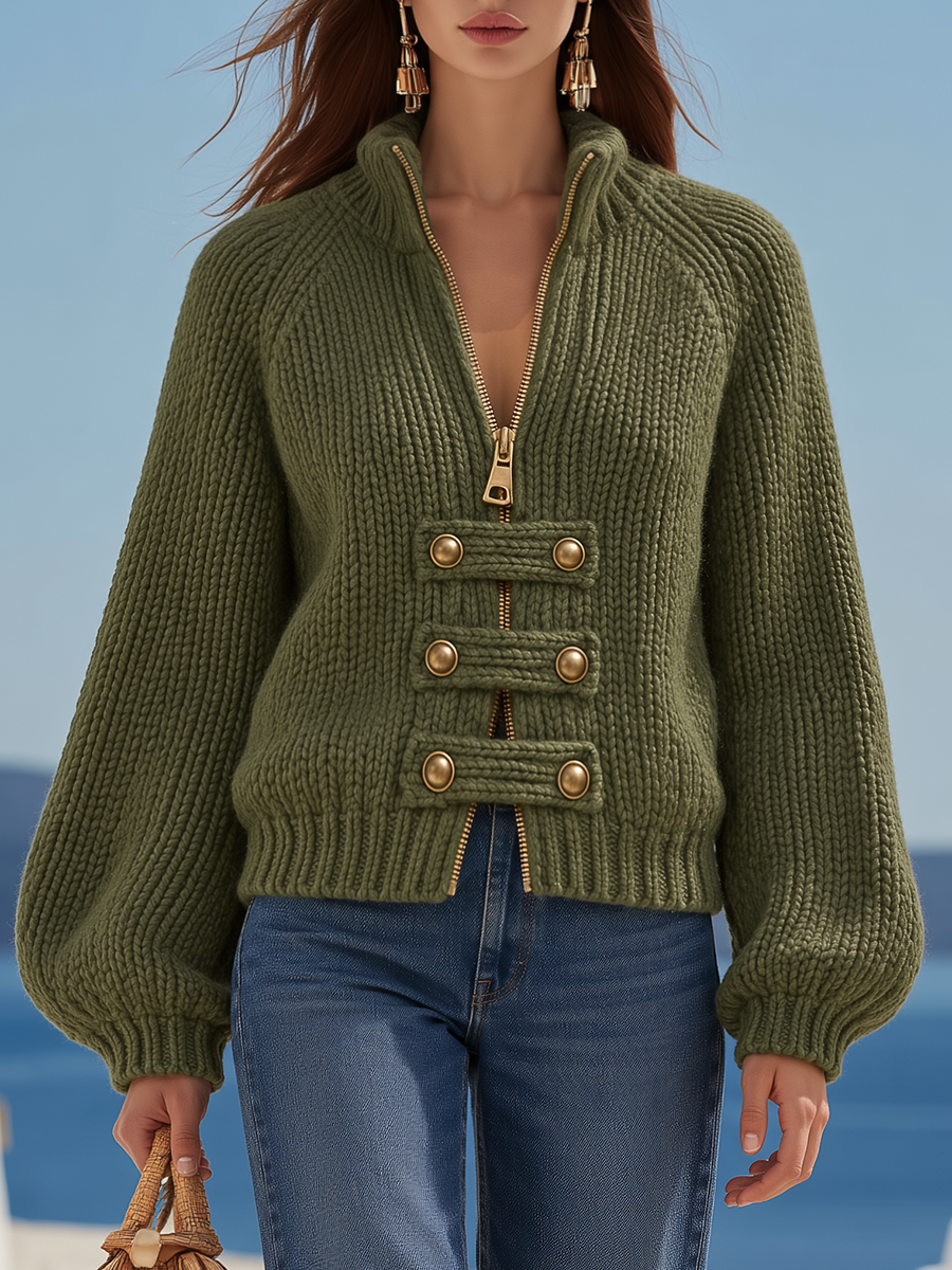 Resort-style Stand-up Collar Button-down Long-sleeved Knitted Cardigan