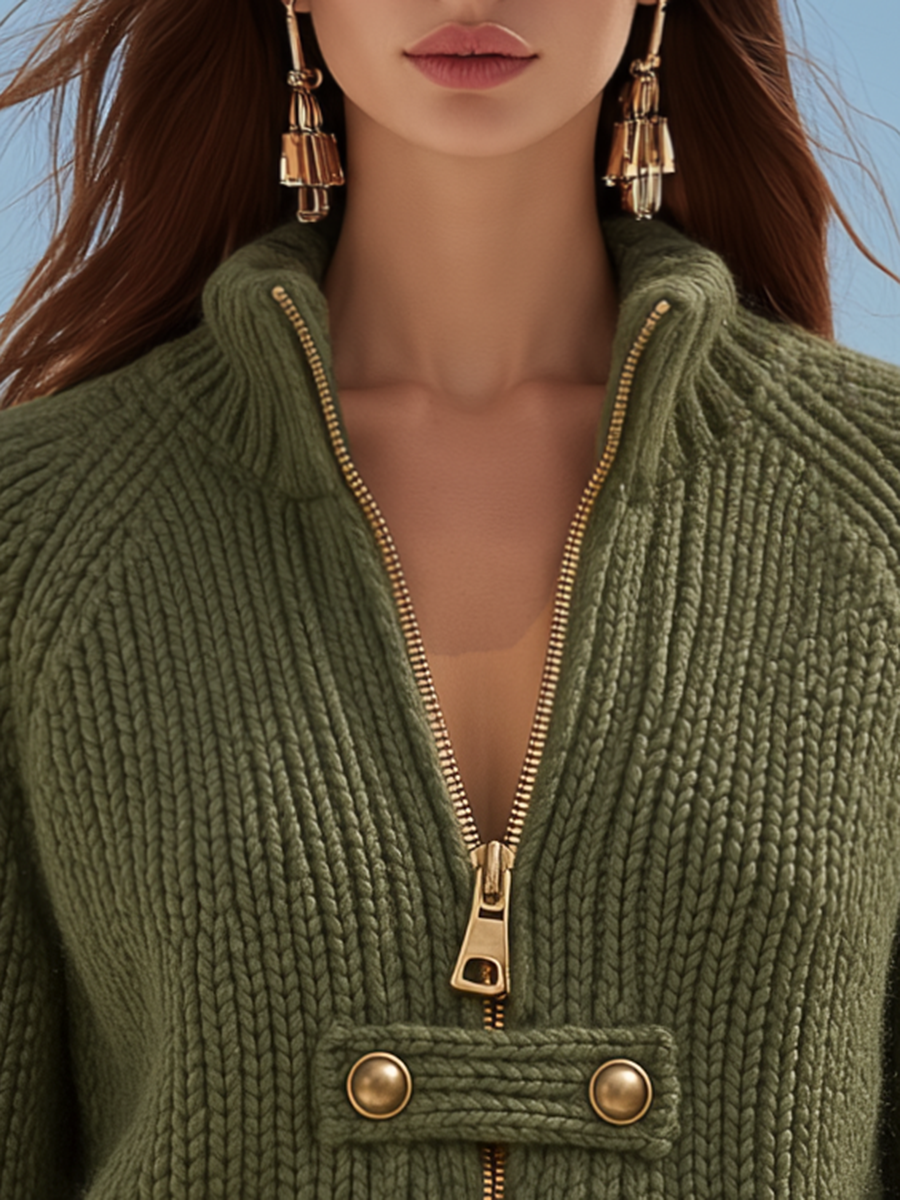Resort-style Stand-up Collar Button-down Long-sleeved Knitted Cardigan
