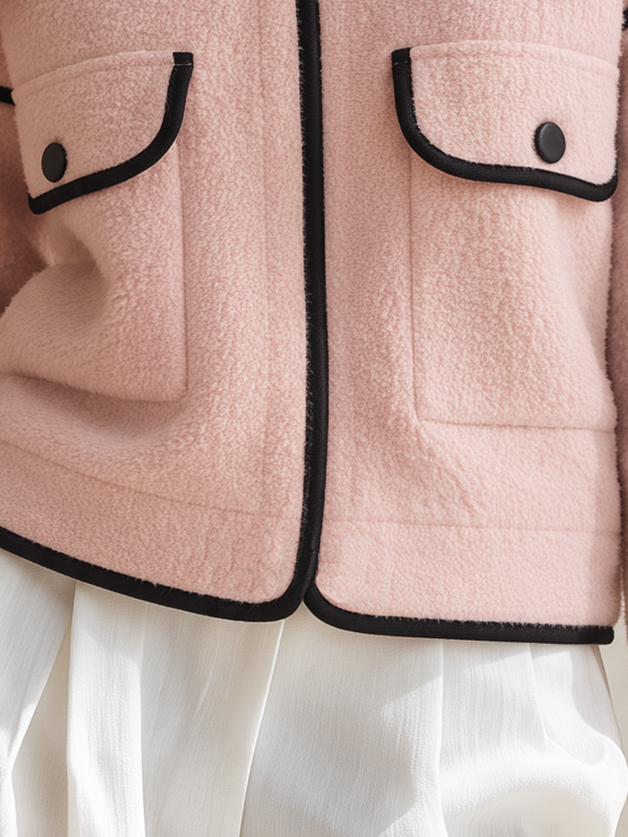 Resort-style Stand-up Collar Long-sleeved Black Trim Jacket