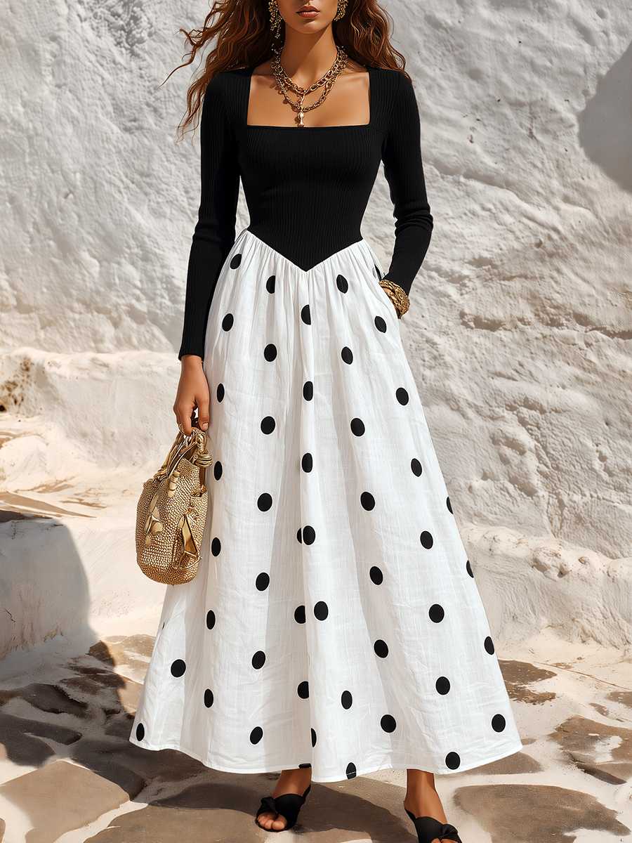 Resort-style Square Neck Long-sleeved Polka Dot Color-blocked Maxi Dress